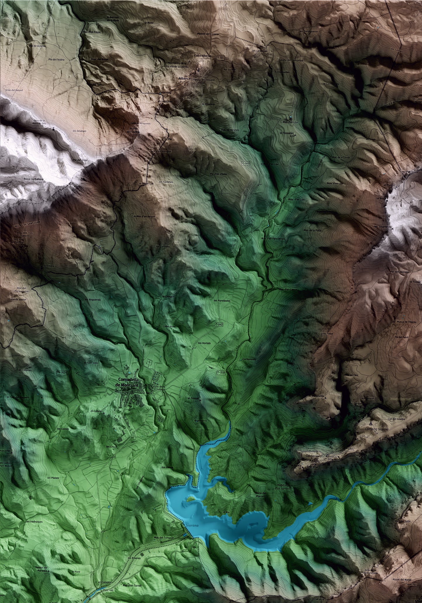 Mapa artístico del relieve de Arbolí, al Baix Camp, con 15 km de entorno y base topográfica ICGC. Detalle de la zona superior izquierda.