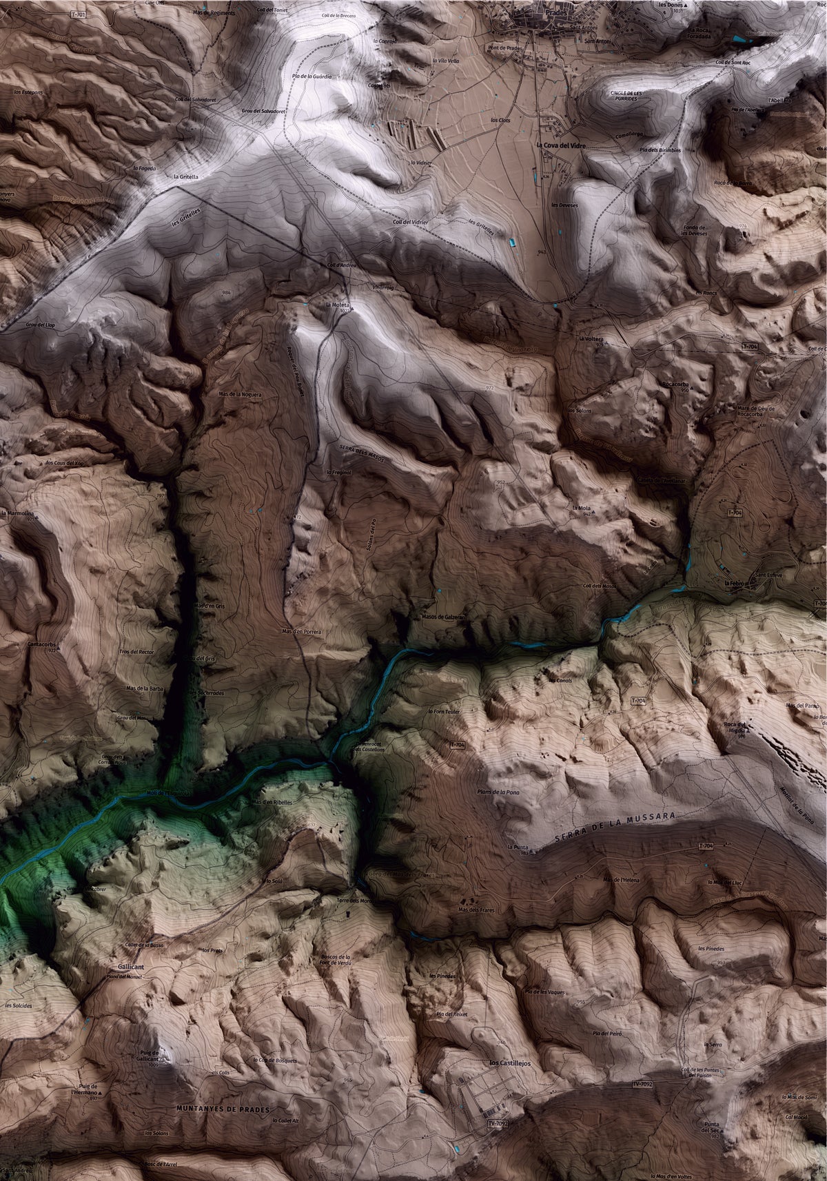 Mapa artístico del relieve de Arbolí, al Baix Camp, con 15 km de entorno y base topográfica ICGC. Detalle de la zona superior derecha.