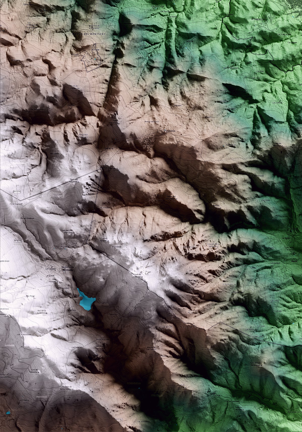 Mapa artístico del relieve de Arbúcies, a la Selva, con 15 km de entorno y base topográfica ICGC. Detalle de la zona inferior izquierda.
