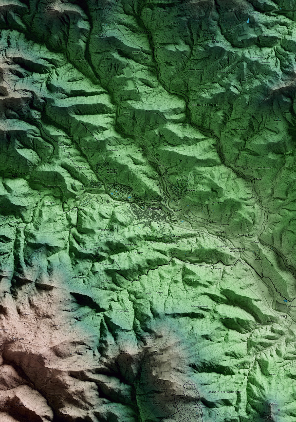 Mapa artístico del relieve de Arbúcies, a la Selva, con 15 km de entorno y base topográfica ICGC. Detalle de la zona central.