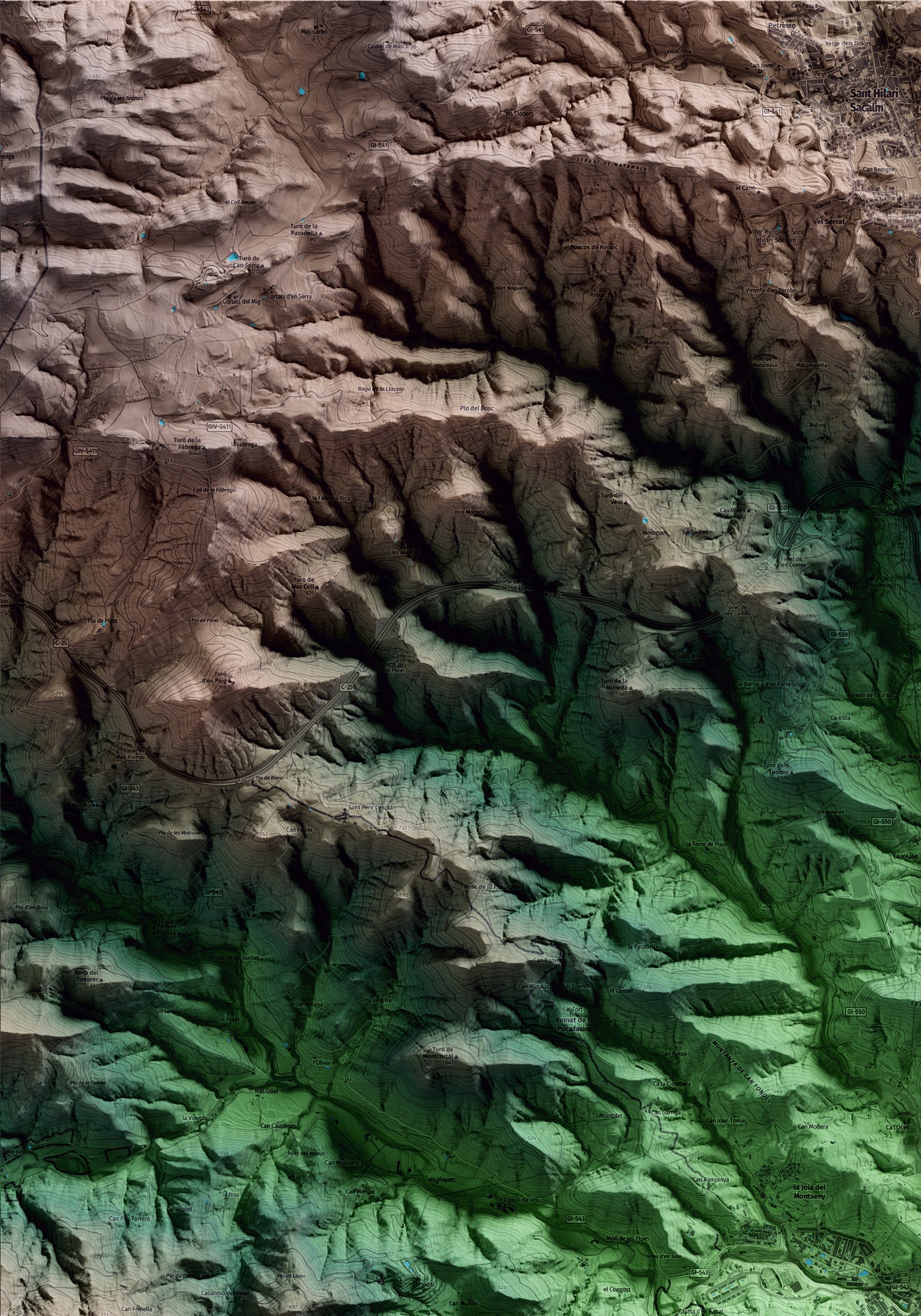Mapa artístico del relieve de Arbúcies, a la Selva, con 15 km de entorno y base topográfica ICGC. Detalle de la zona superior izquierda.