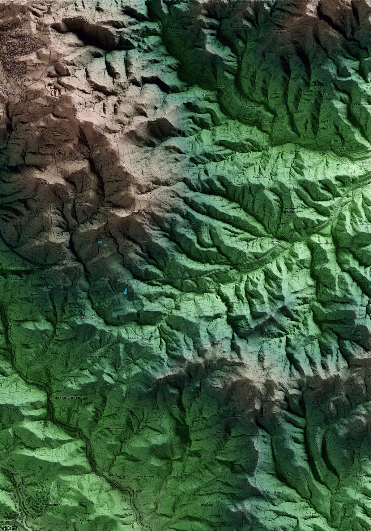 Mapa artístico del relieve de Arbúcies, a la Selva, con 15 km de entorno y base topográfica ICGC. Detalle de la zona superior derecha.