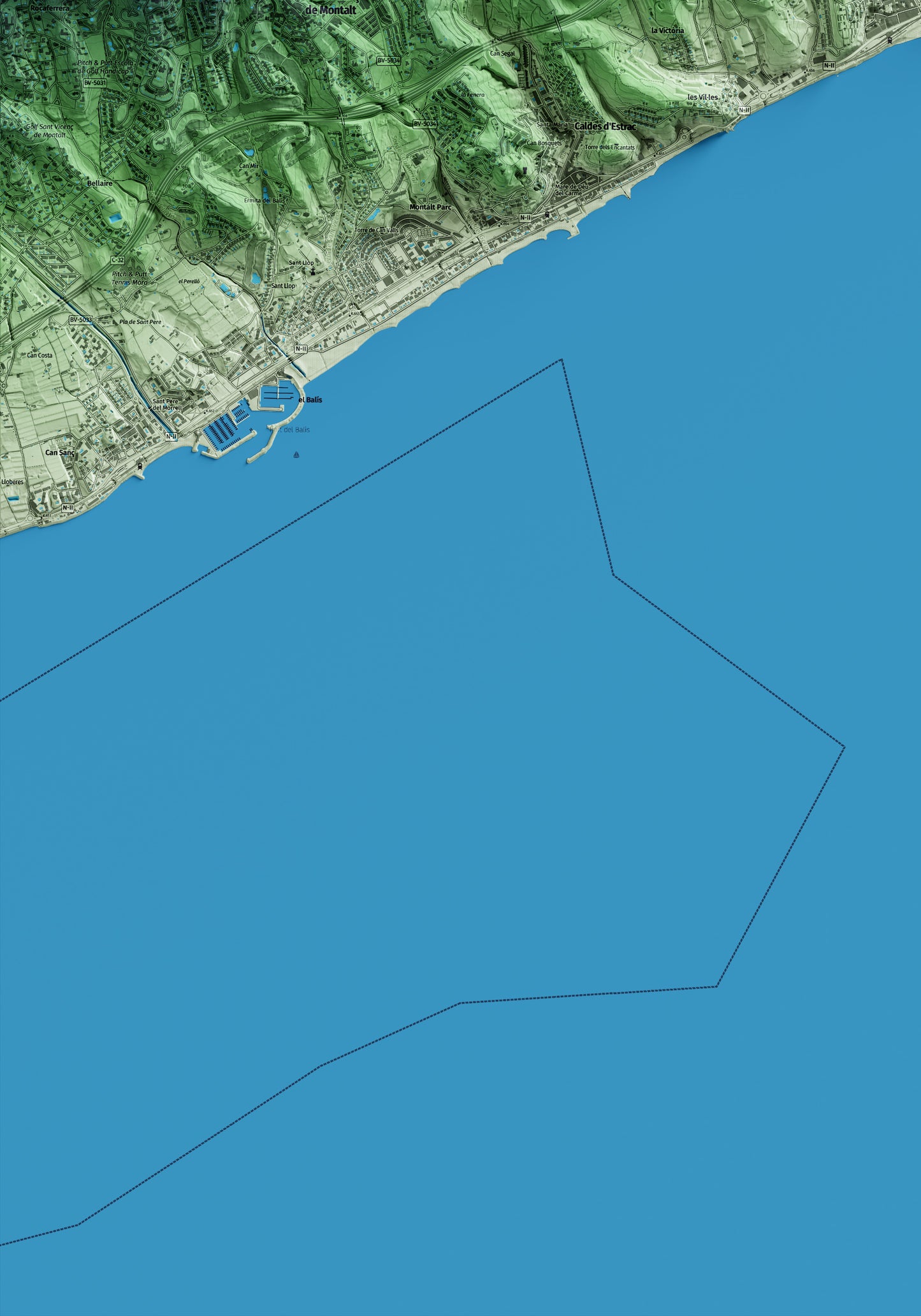 Mapa artístico del relieve de Arenys de Mar, al Maresme, con 15 km de entorno y base topográfica ICGC. Detalle de la zona inferior izquierda.
