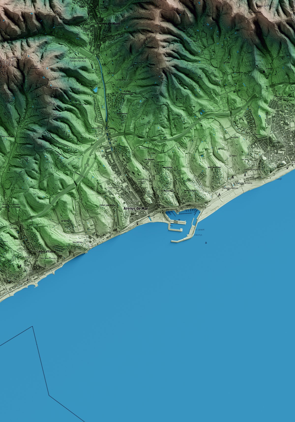 Mapa artístico del relieve de Arenys de Mar, al Maresme, con 15 km de entorno y base topográfica ICGC. Detalle de la zona central.