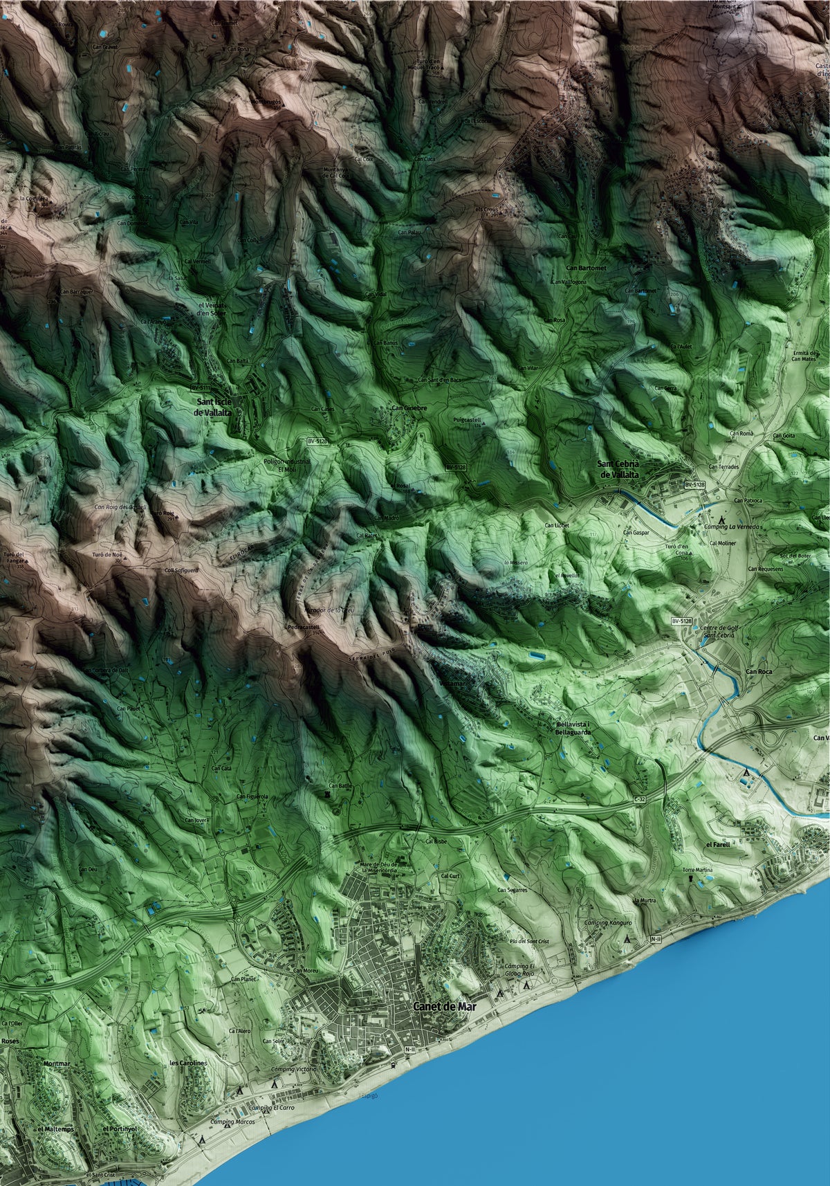 Mapa artístico del relieve de Arenys de Mar, al Maresme, con 15 km de entorno y base topográfica ICGC. Detalle de la zona superior derecha.