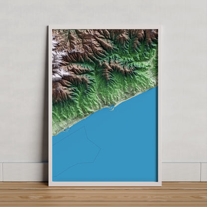 Mapa artístico del relieve de Arenys de Mar, al Maresme, con 15 km de entorno y base topográfica ICGC. Presentación enmarcada.
