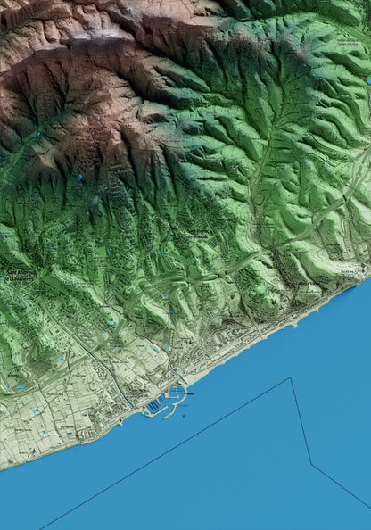 Mapa artístico del relieve de Arenys de Munt, al Maresme, con 15 km de entorno y base topográfica ICGC. Detalle de la zona inferior izquierda.