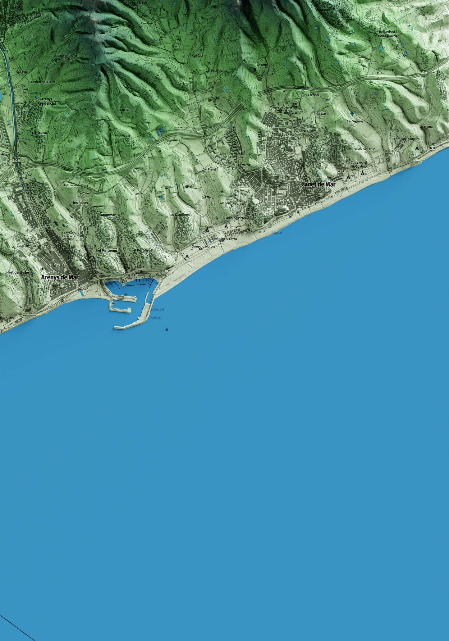 Mapa artístico del relieve de Arenys de Munt, al Maresme, con 15 km de entorno y base topográfica ICGC. Detalle de la zona inferior derecha.