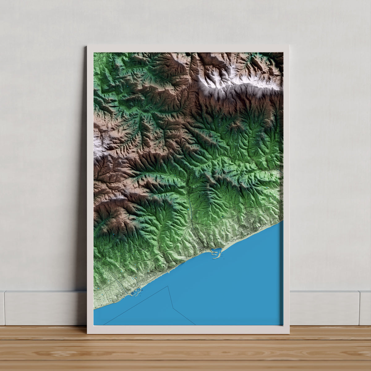 Mapa artístico del relieve de Arenys de Munt, al Maresme, con 15 km de entorno y base topográfica ICGC. Presentación enmarcada.