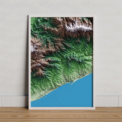 Mapa artístico del relieve de Arenys de Munt, al Maresme, con 15 km de entorno y base topográfica ICGC. Presentación enmarcada.