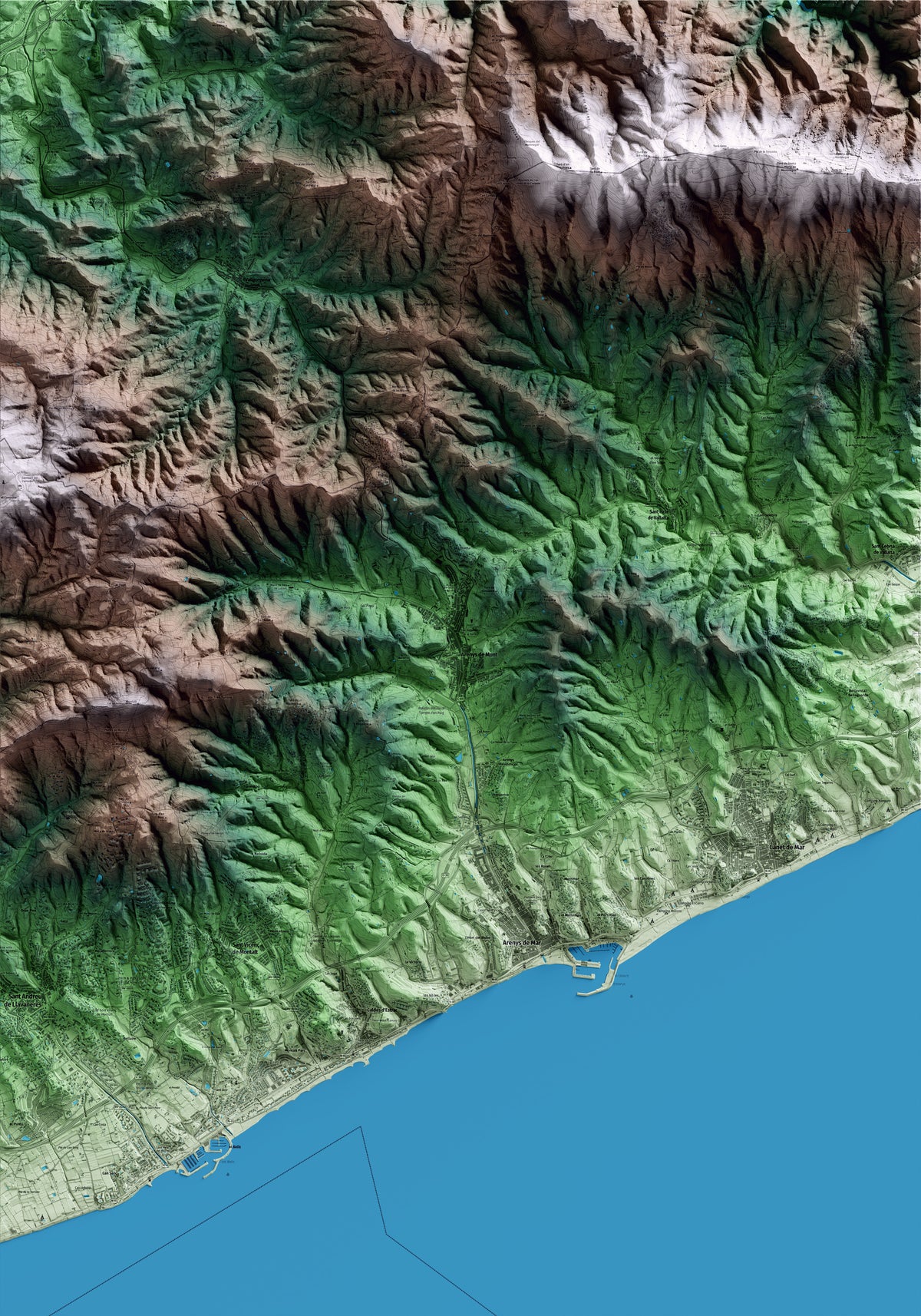 Mapa artístico del relieve de Arenys de Munt, al Maresme, con 15 km de entorno y base topográfica ICGC