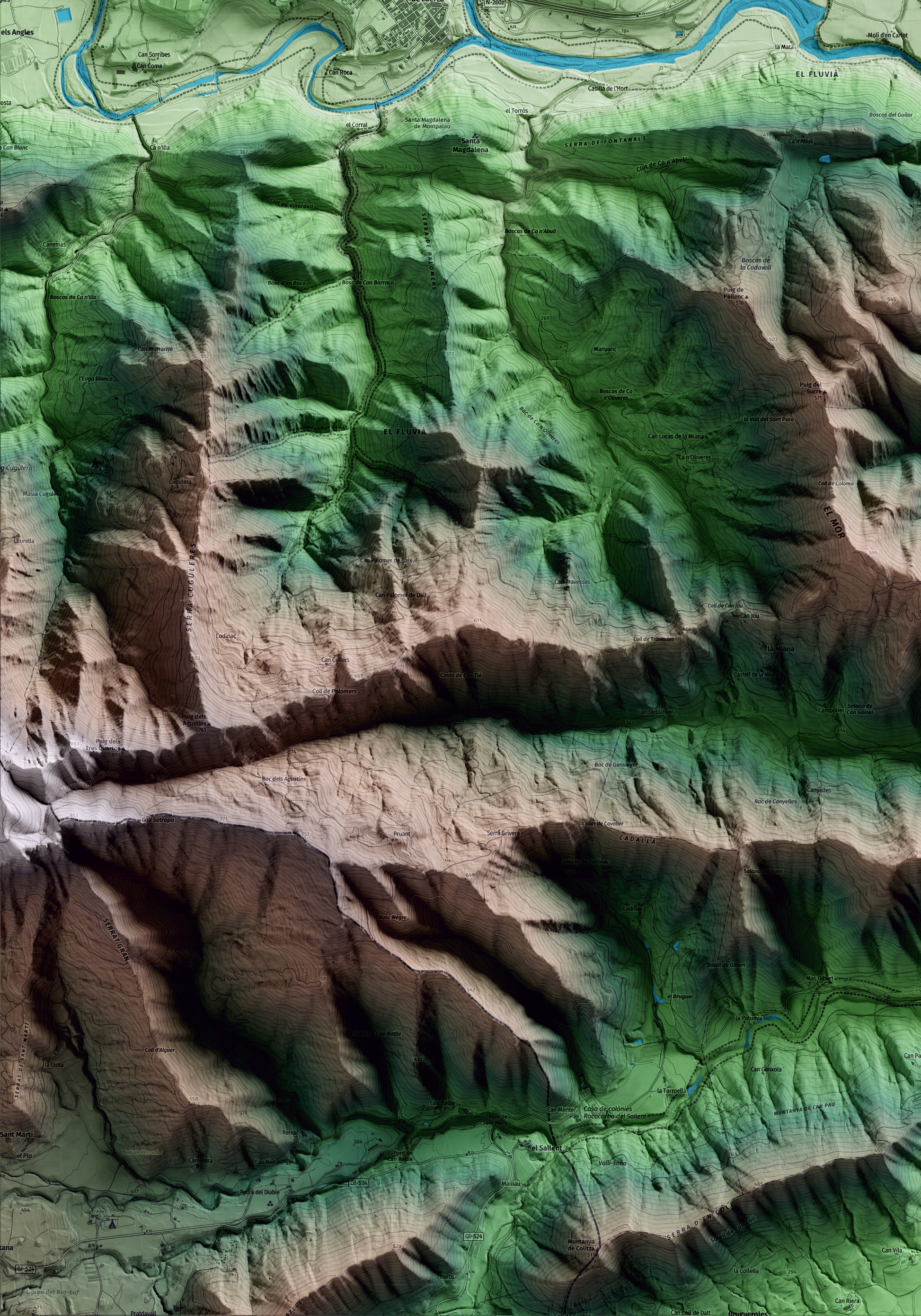 Mapa artístico del relieve de Argelaguer, a la Garrotxa, con 15 km de entorno y base topográfica ICGC. Detalle de la zona inferior izquierda.