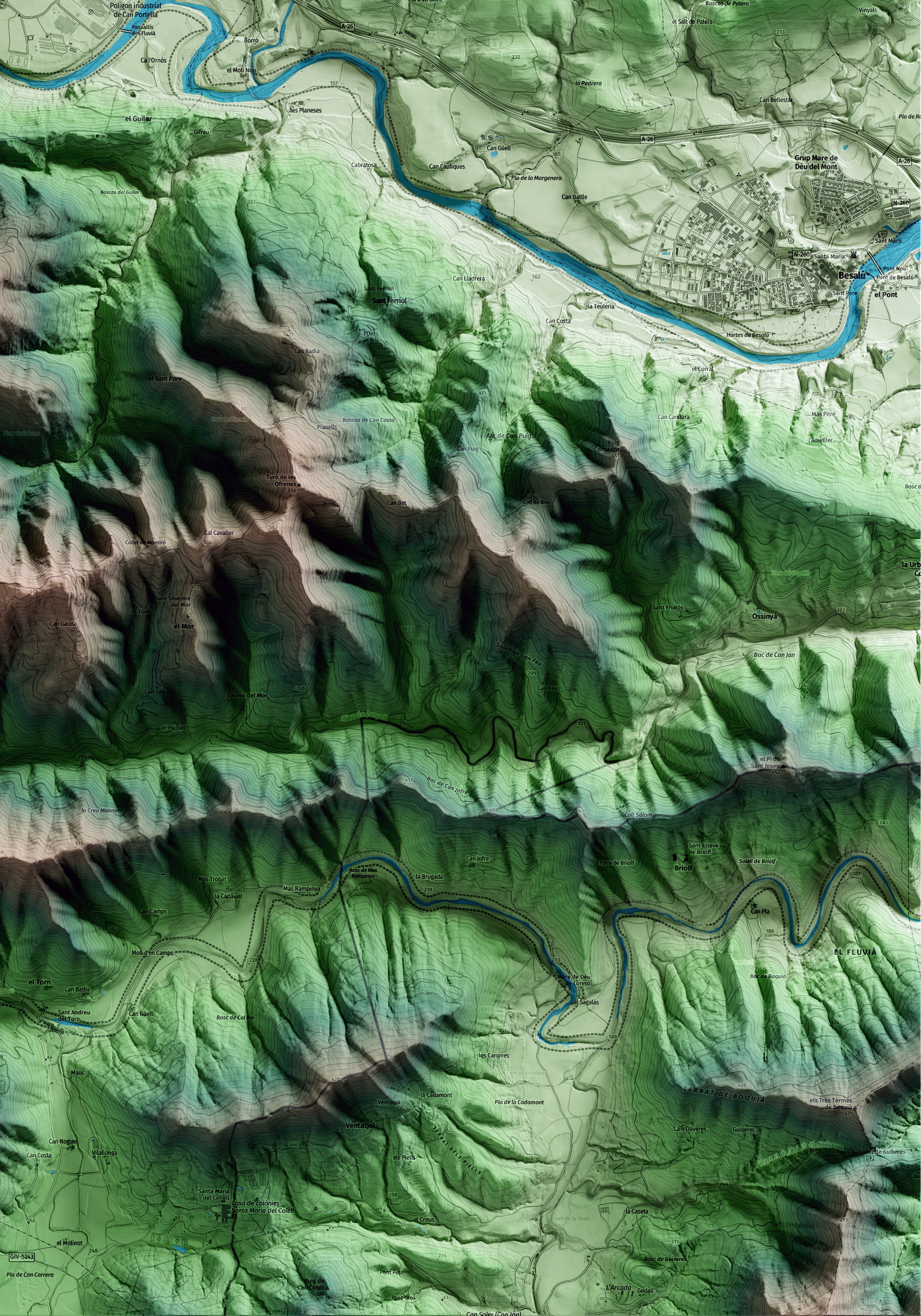Mapa artístico del relieve de Argelaguer, a la Garrotxa, con 15 km de entorno y base topográfica ICGC. Detalle de la zona inferior derecha.