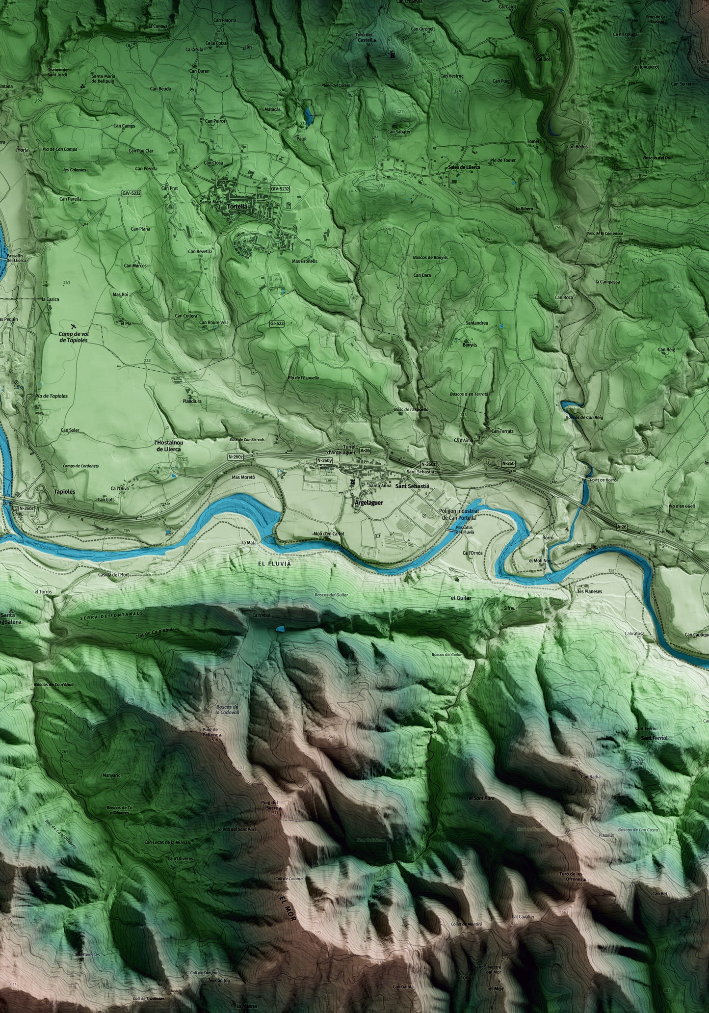 Mapa artístico del relieve de Argelaguer, a la Garrotxa, con 15 km de entorno y base topográfica ICGC. Detalle de la zona central.