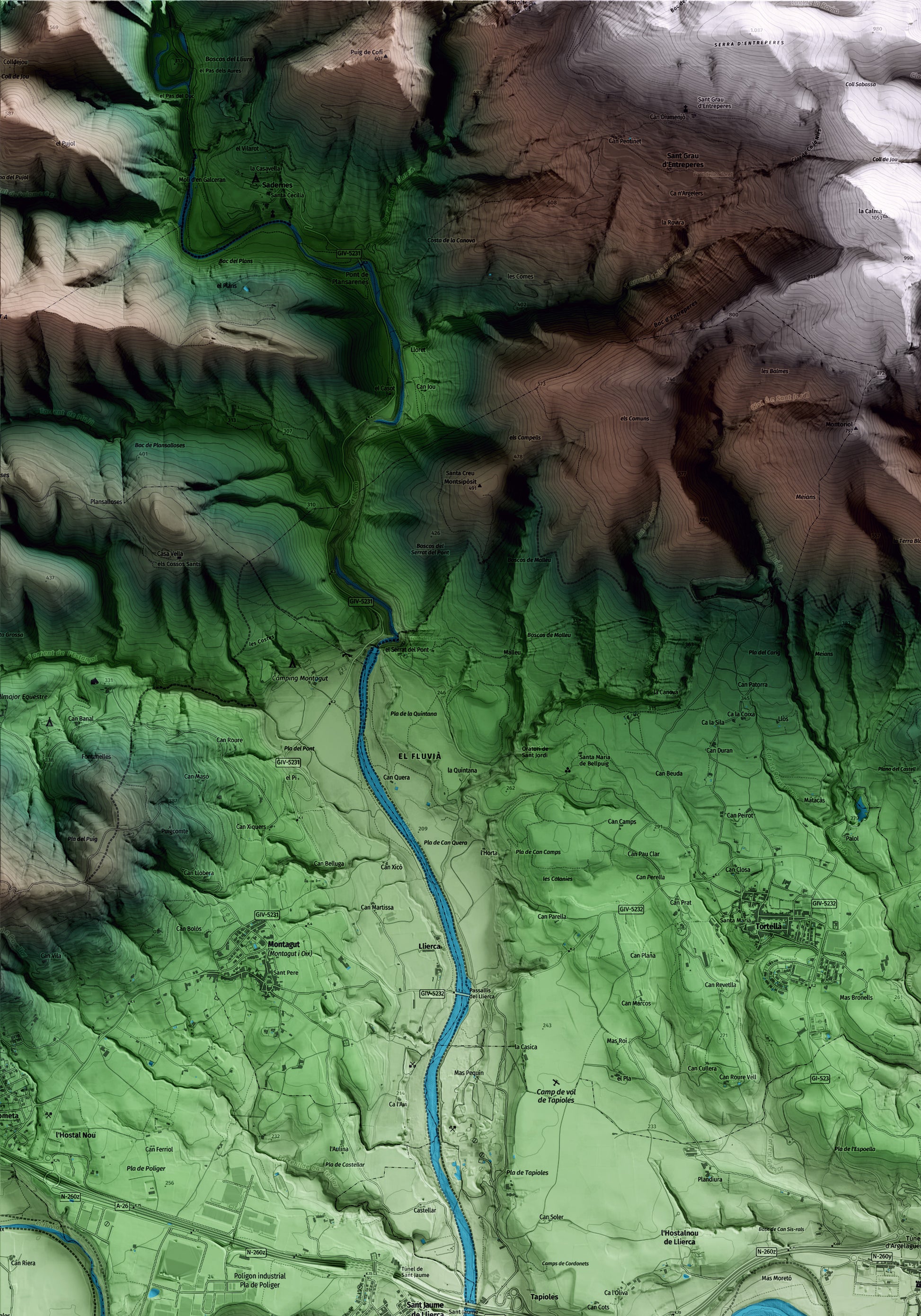 Mapa artístico del relieve de Argelaguer, a la Garrotxa, con 15 km de entorno y base topográfica ICGC. Detalle de la zona superior izquierda.