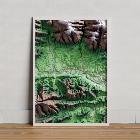 Mapa artístico del relieve de Argelaguer, a la Garrotxa, con 15 km de entorno y base topográfica ICGC. Presentación enmarcada.