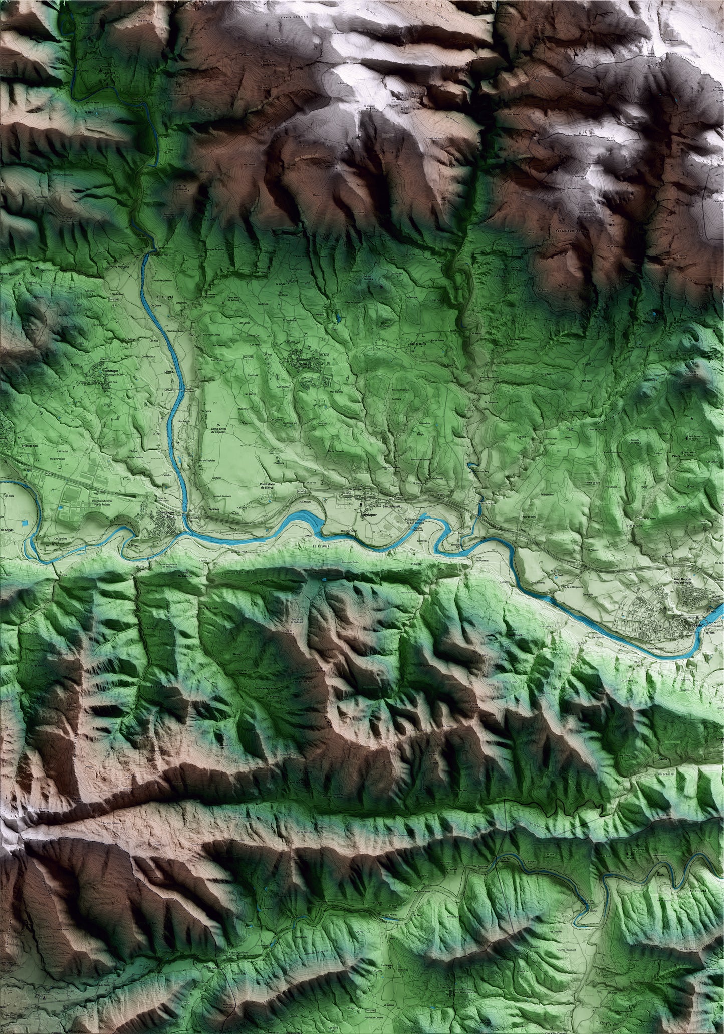 Mapa artístico del relieve de Argelaguer, a la Garrotxa, con 15 km de entorno y base topográfica ICGC