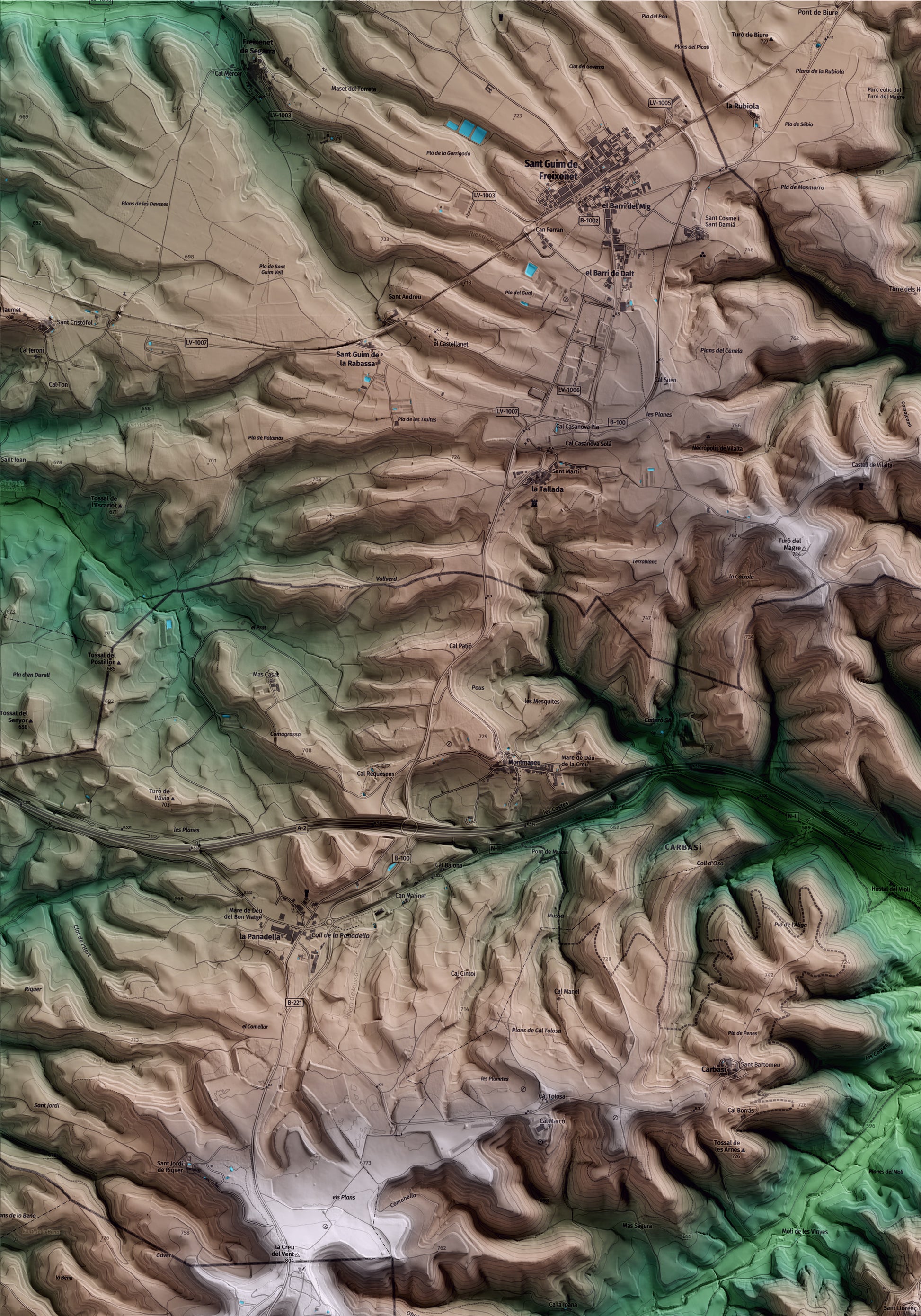 Mapa artístico del relieve de Argençola, al Anoia, con 15 km de entorno y base topográfica ICGC. Detalle de la zona superior izquierda.