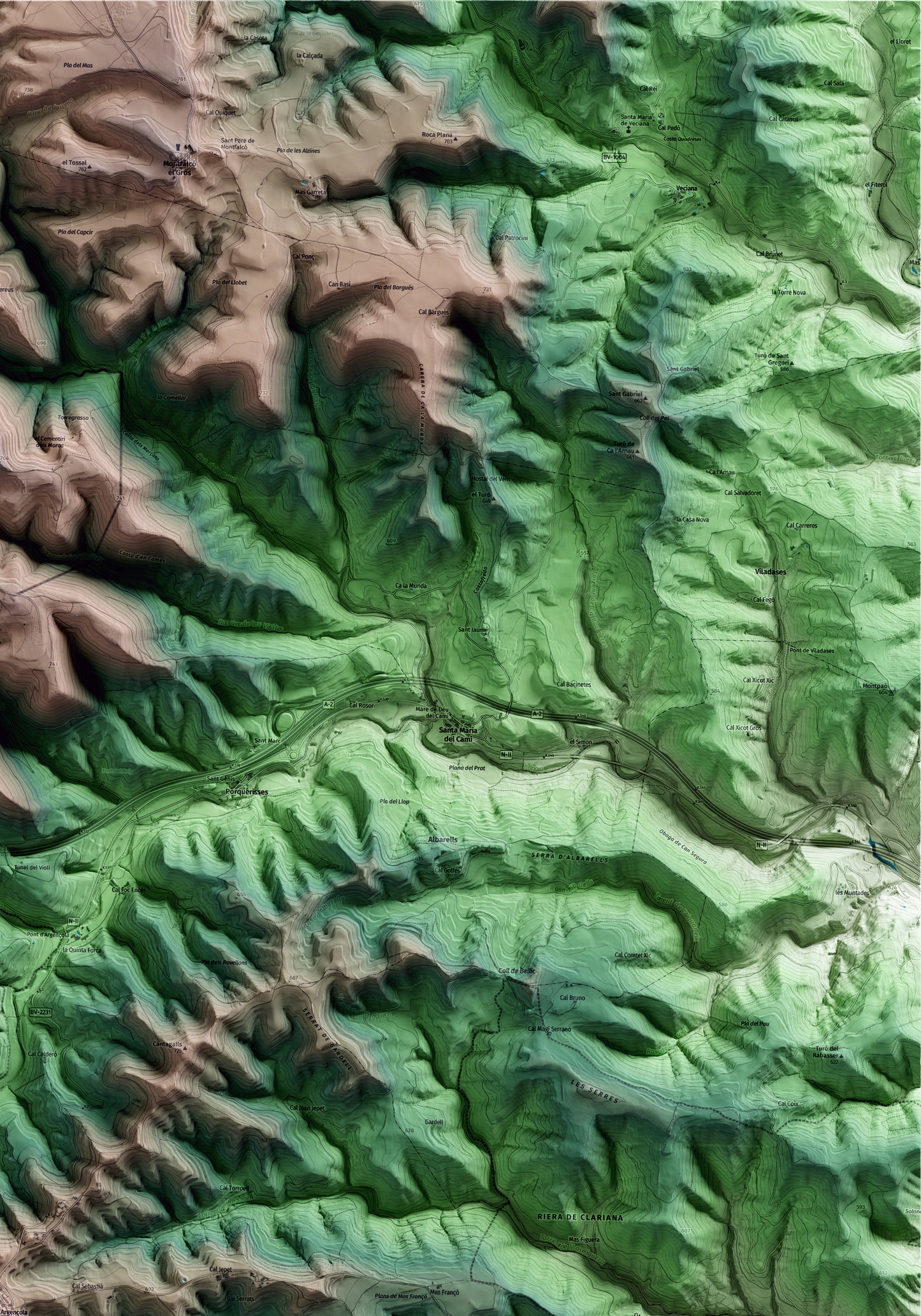 Mapa artístico del relieve de Argençola, al Anoia, con 15 km de entorno y base topográfica ICGC. Detalle de la zona superior derecha.