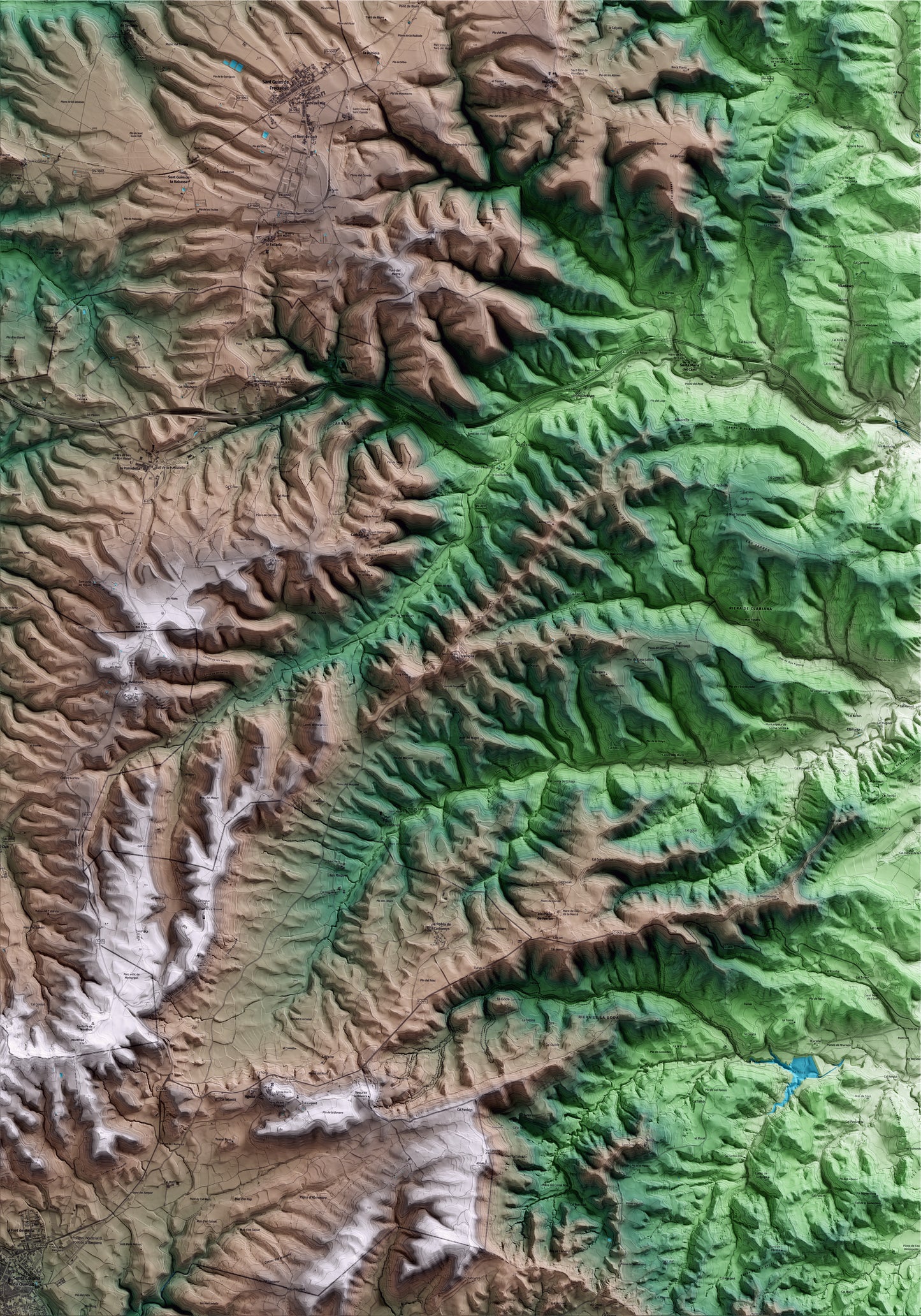 Mapa artístico del relieve de Argençola, al Anoia, con 15 km de entorno y base topográfica ICGC
