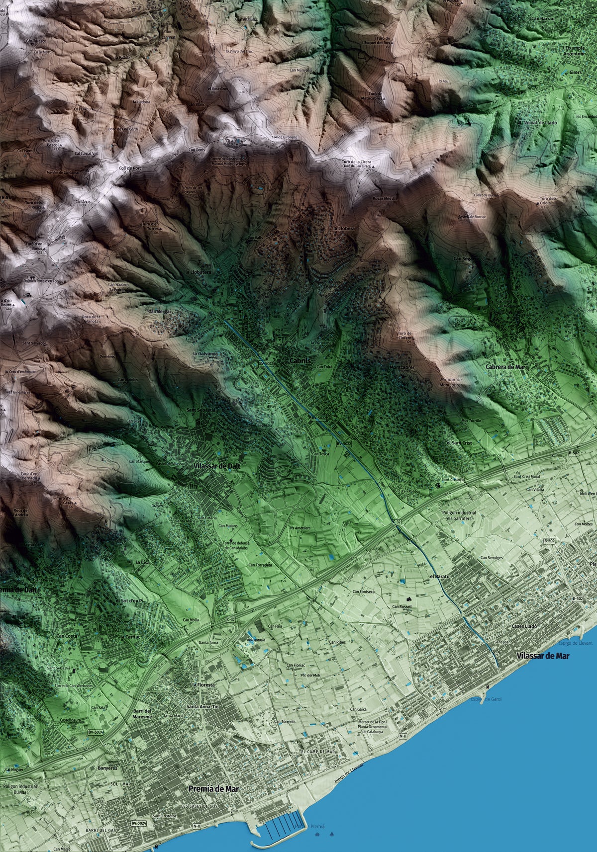 Mapa artístico del relieve de Argentona, al Maresme, con 15 km de entorno y base topográfica ICGC. Detalle de la zona inferior izquierda.