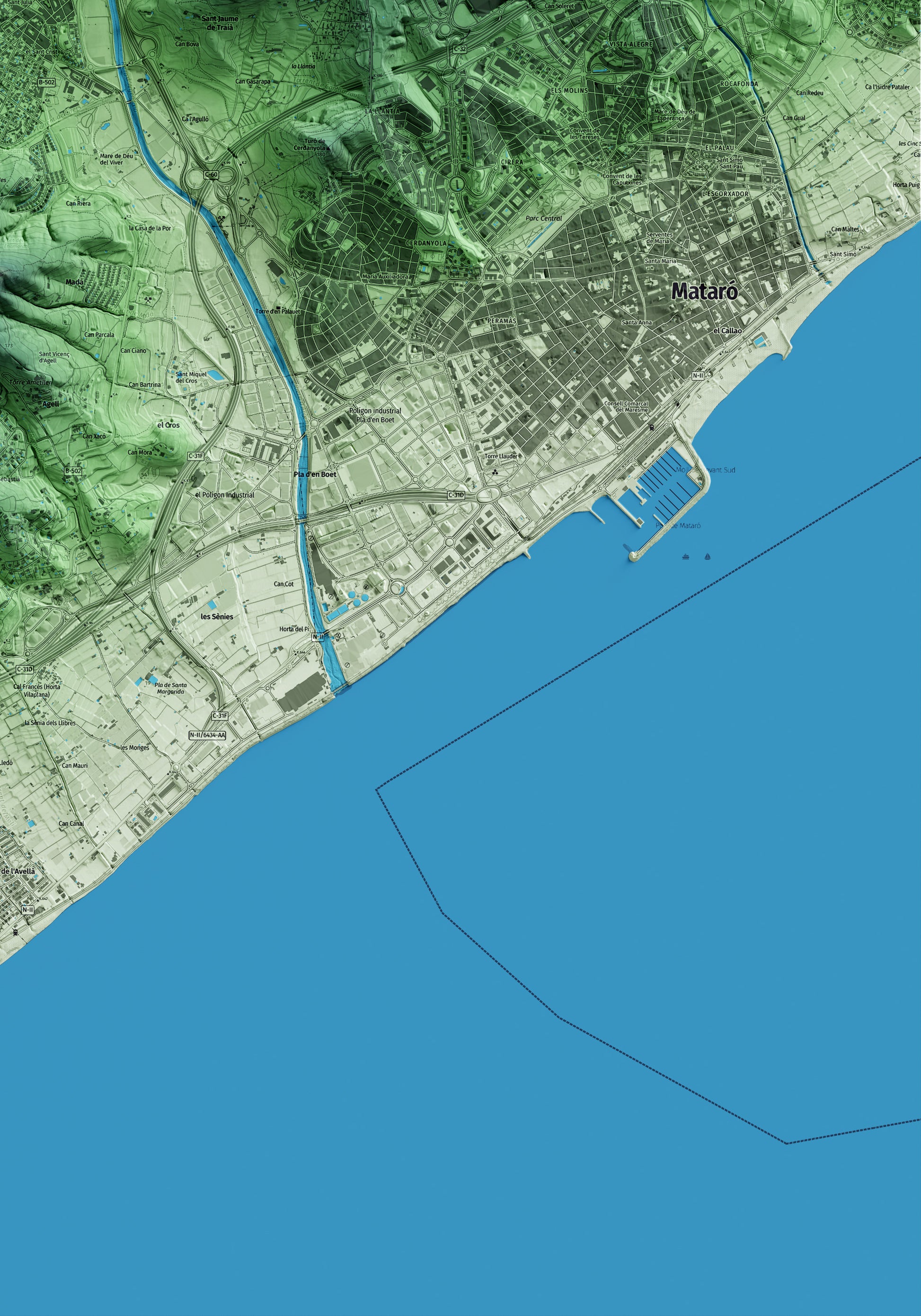 Mapa artístico del relieve de Argentona, al Maresme, con 15 km de entorno y base topográfica ICGC. Detalle de la zona inferior derecha.