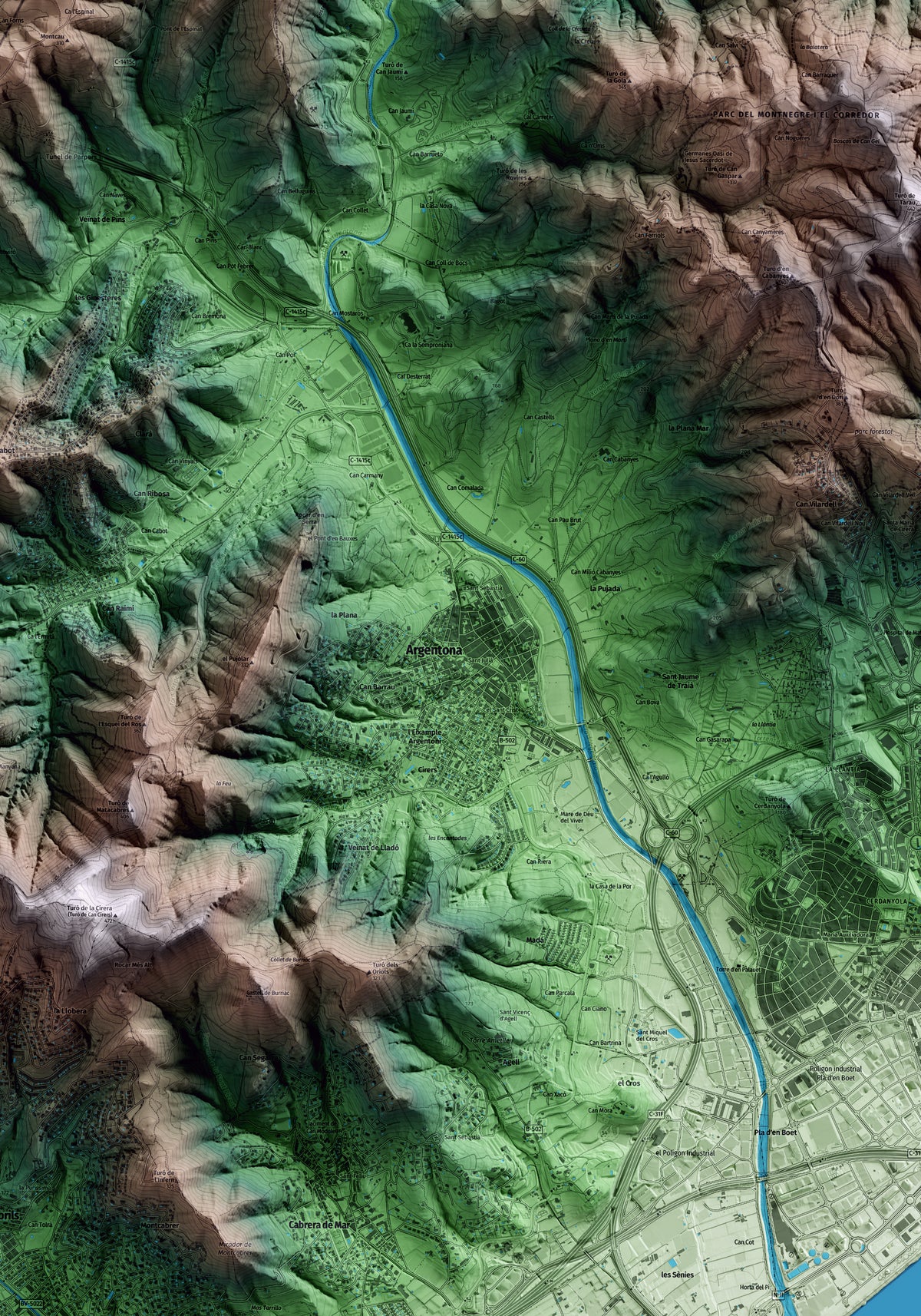 Mapa artístico del relieve de Argentona, al Maresme, con 15 km de entorno y base topográfica ICGC. Detalle de la zona central.