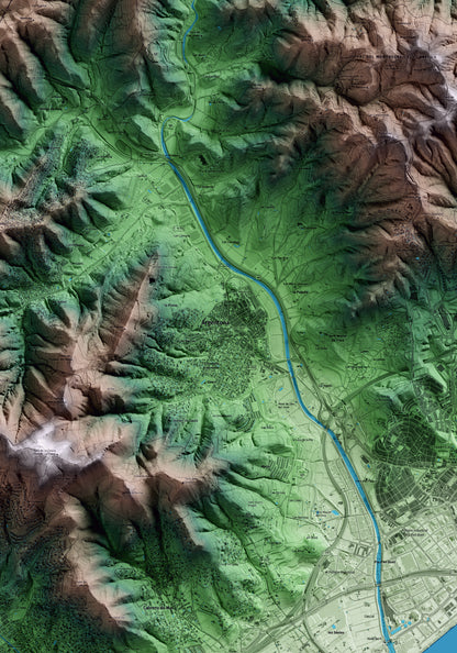 Mapa artístico del relieve de Argentona, al Maresme, con 15 km de entorno y base topográfica ICGC. Detalle de la zona central.