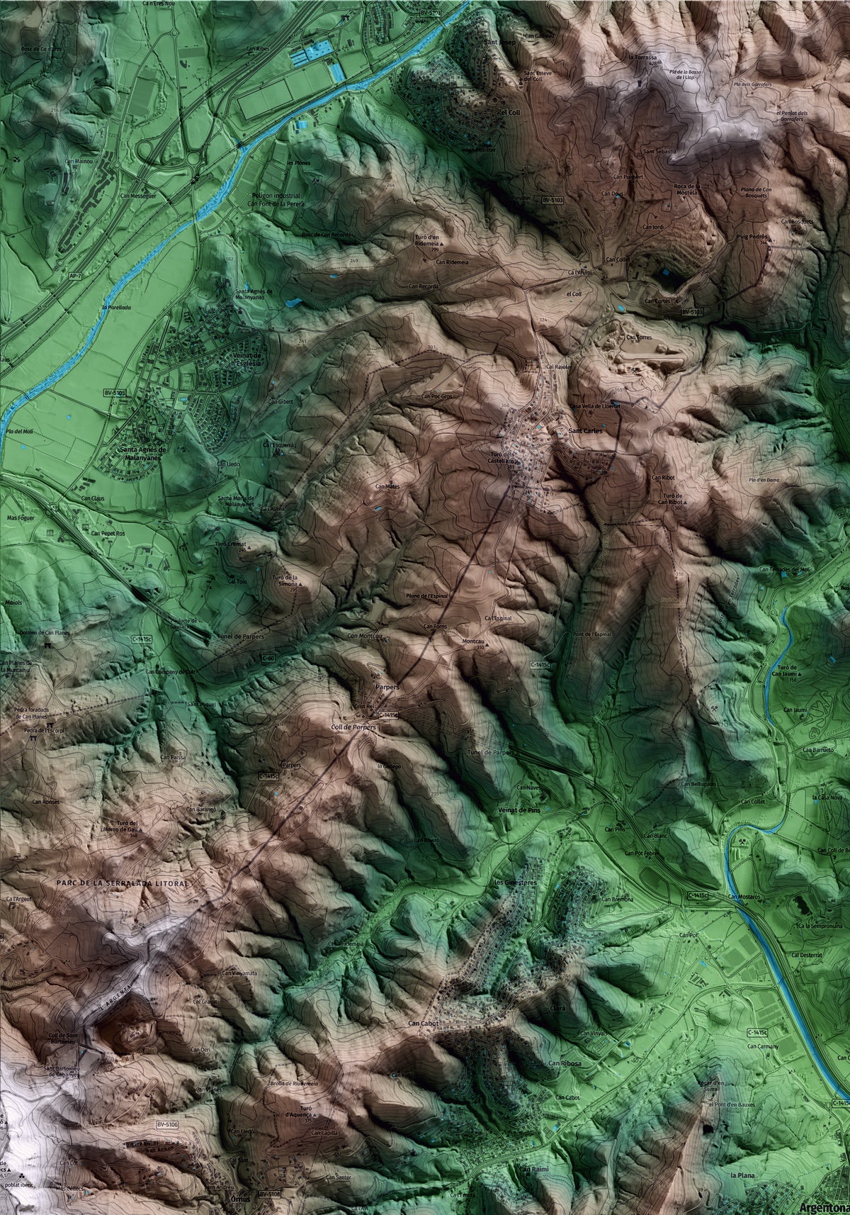 Mapa artístico del relieve de Argentona, al Maresme, con 15 km de entorno y base topográfica ICGC. Detalle de la zona superior izquierda.