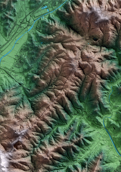 Mapa artístico del relieve de Argentona, al Maresme, con 15 km de entorno y base topográfica ICGC. Detalle de la zona superior izquierda.