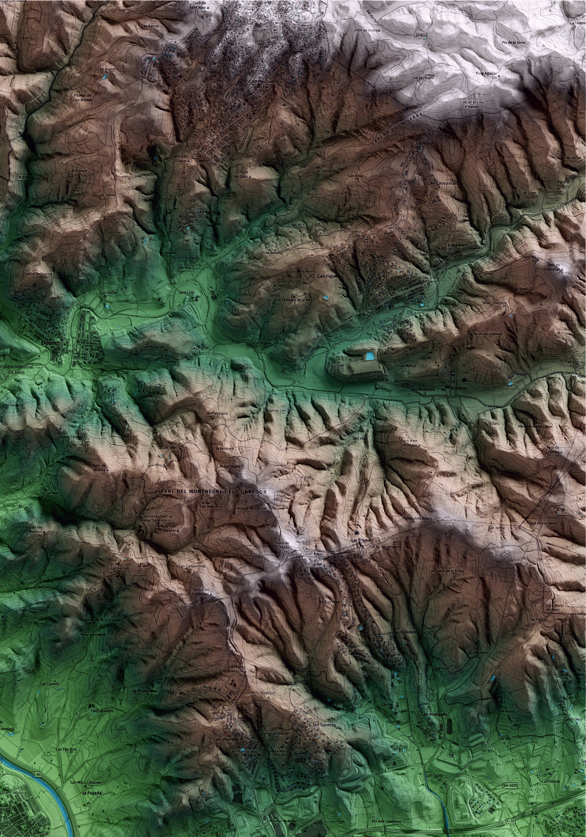 Mapa artístico del relieve de Argentona, al Maresme, con 15 km de entorno y base topográfica ICGC. Detalle de la zona superior derecha.