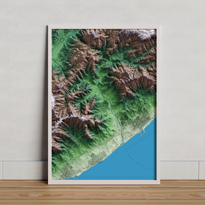 Mapa artístico del relieve de Argentona, al Maresme, con 15 km de entorno y base topográfica ICGC. Presentación enmarcada.