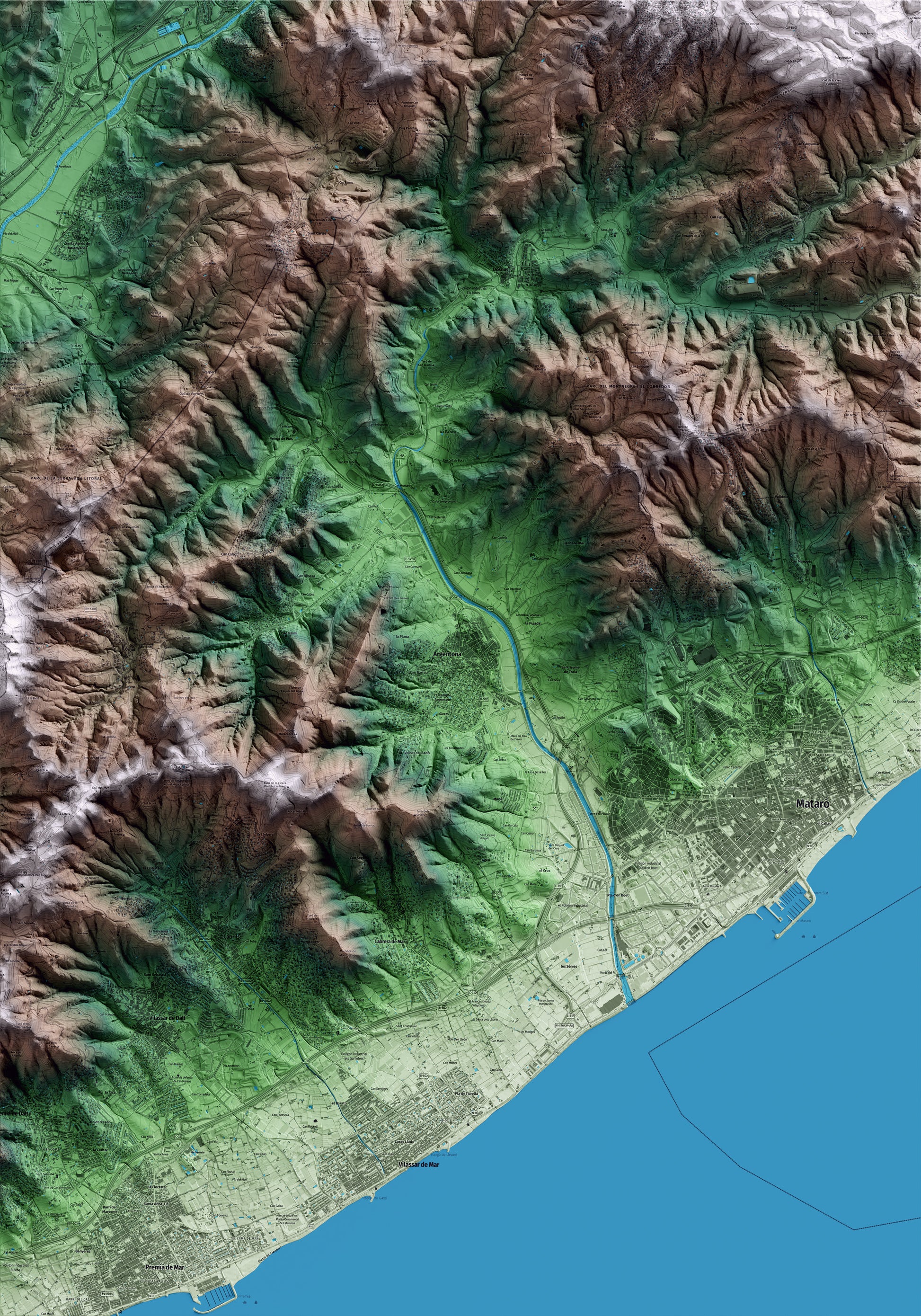 Mapa artístico del relieve de Argentona, al Maresme, con 15 km de entorno y base topográfica ICGC
