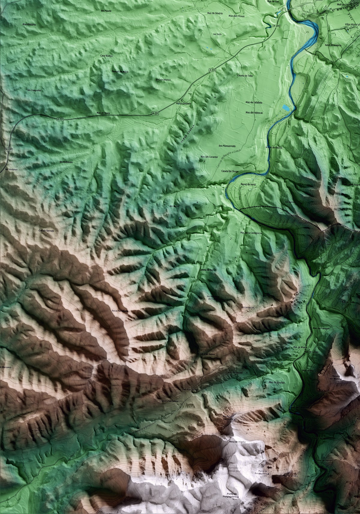 Mapa artístico del relieve de Arnes, a la Terra Alta, con 15 km de entorno y base topográfica ICGC. Detalle de la zona inferior izquierda.