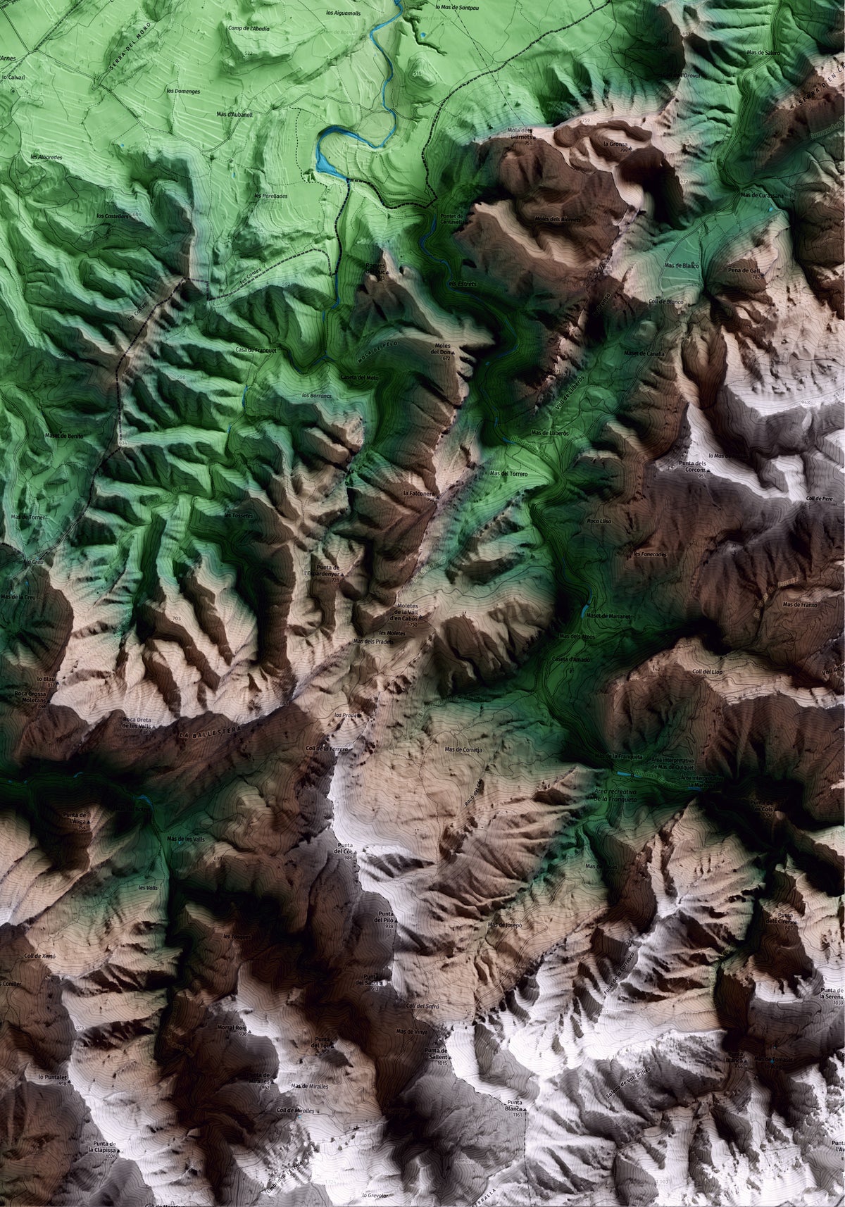 Mapa artístico del relieve de Arnes, a la Terra Alta, con 15 km de entorno y base topográfica ICGC. Detalle de la zona inferior derecha.