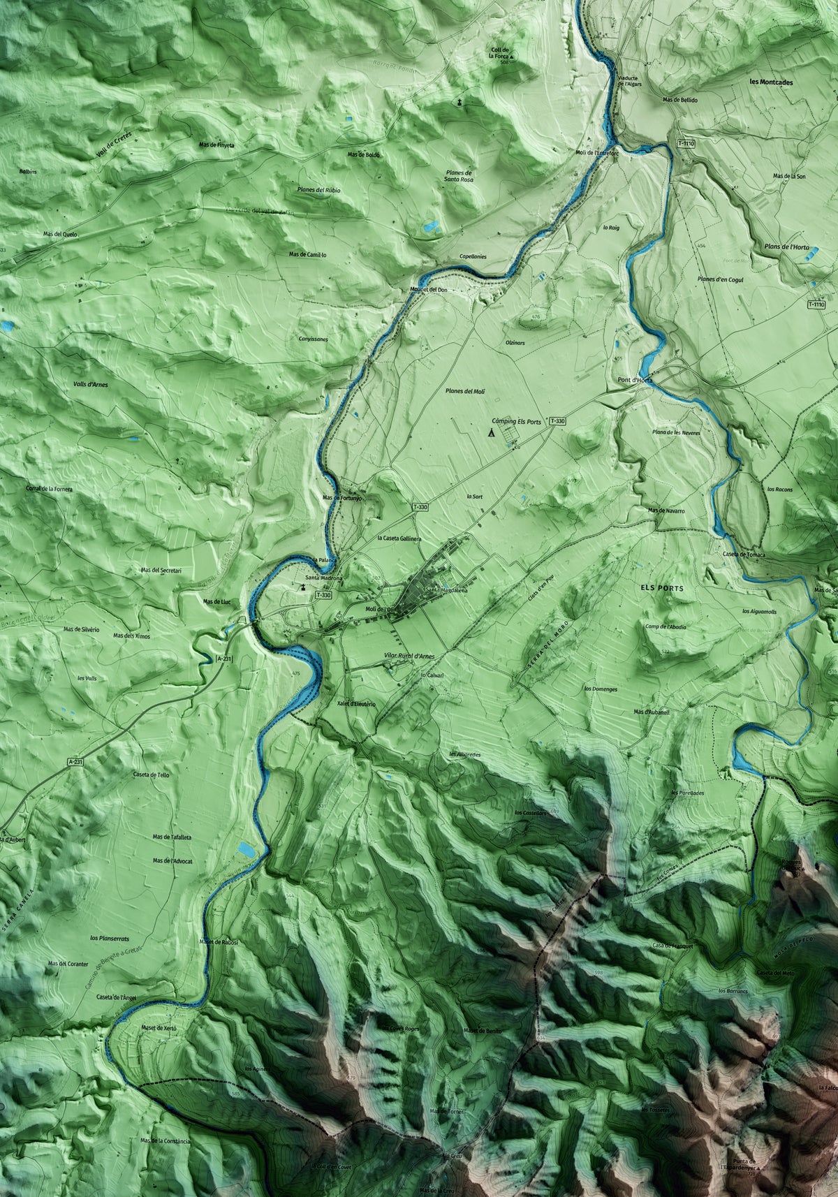 Mapa artístico del relieve de Arnes, a la Terra Alta, con 15 km de entorno y base topográfica ICGC. Detalle de la zona central.