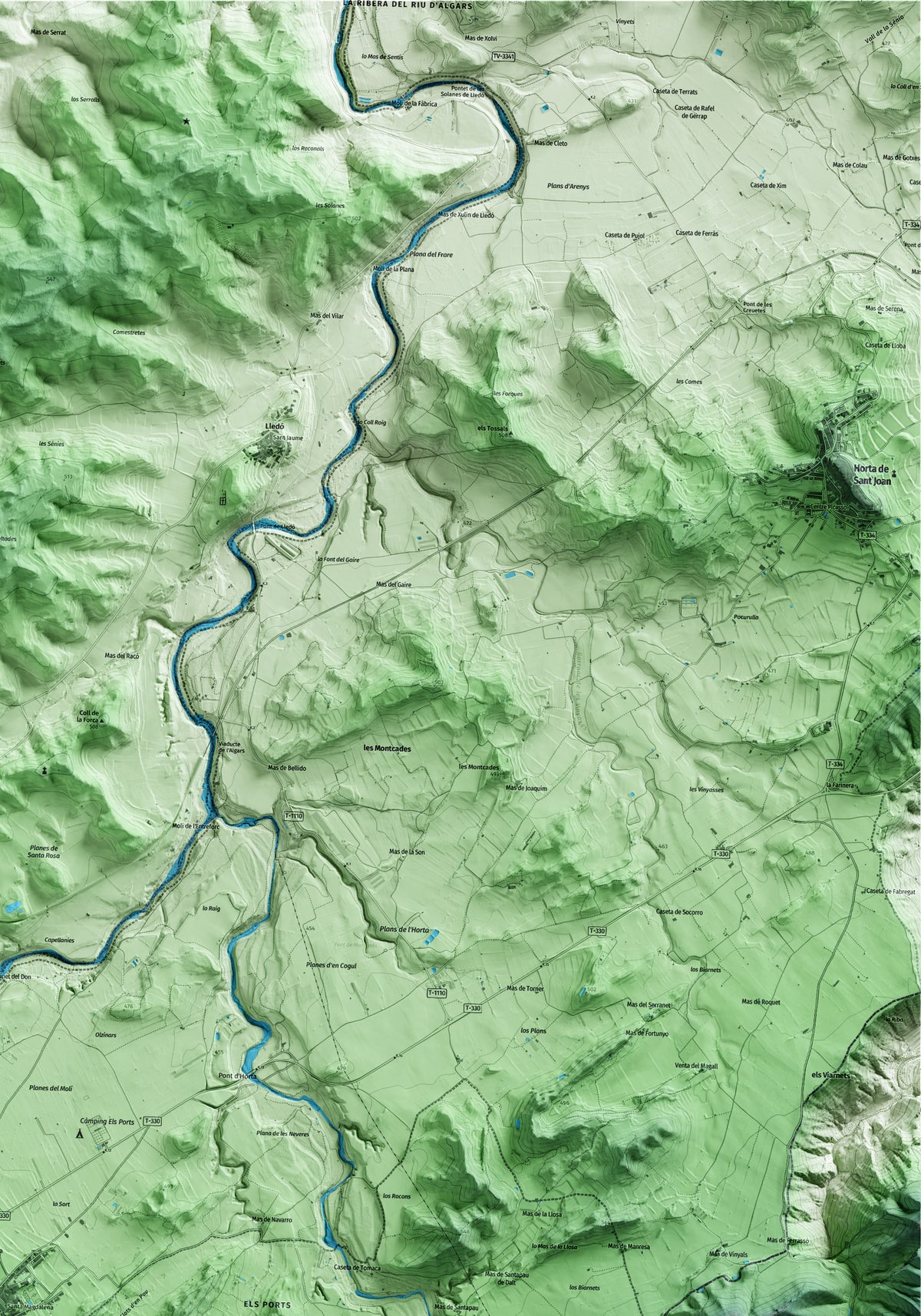 Mapa artístico del relieve de Arnes, a la Terra Alta, con 15 km de entorno y base topográfica ICGC. Detalle de la zona superior derecha.