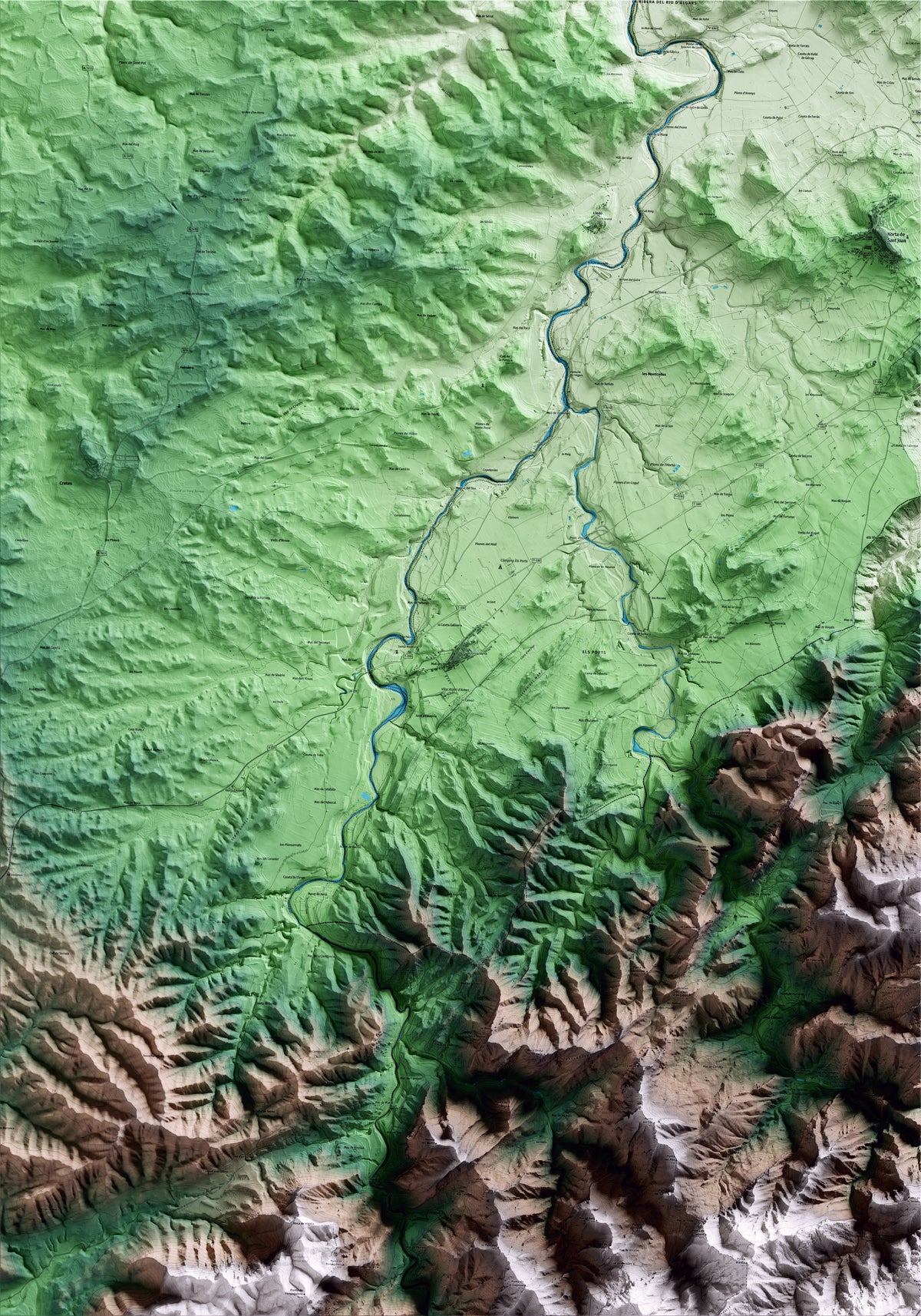 Mapa artístico del relieve de Arnes, a la Terra Alta, con 15 km de entorno y base topográfica ICGC
