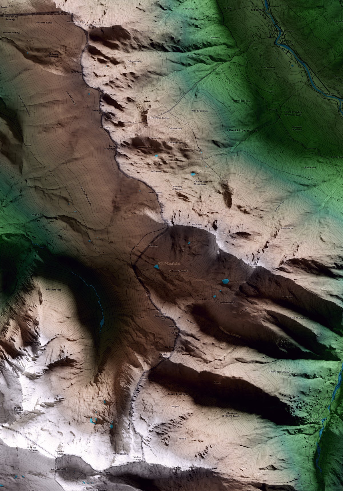 Mapa artístico del relieve de Arres, al Aran, con 15 km de entorno y base topográfica ICGC. Detalle de la zona inferior izquierda.