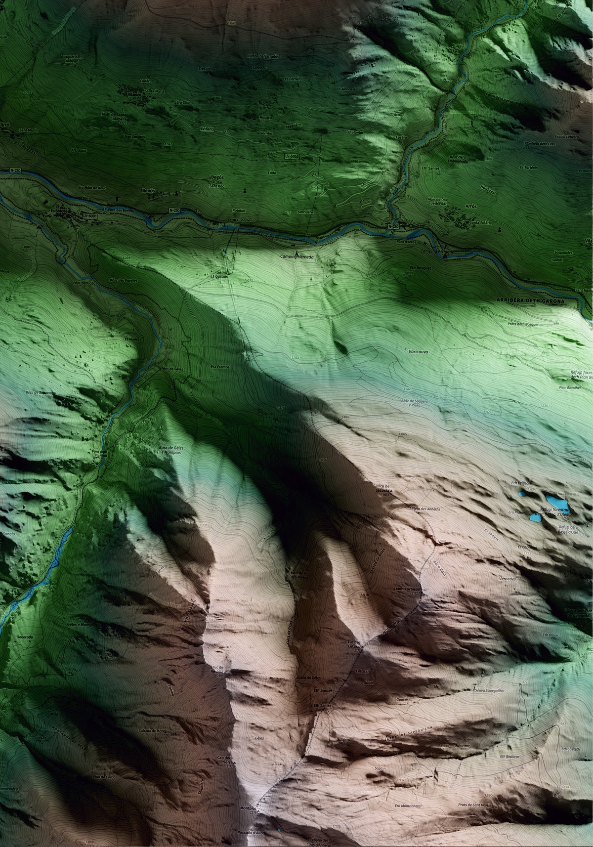 Mapa artístico del relieve de Arres, al Aran, con 15 km de entorno y base topográfica ICGC. Detalle de la zona inferior derecha.