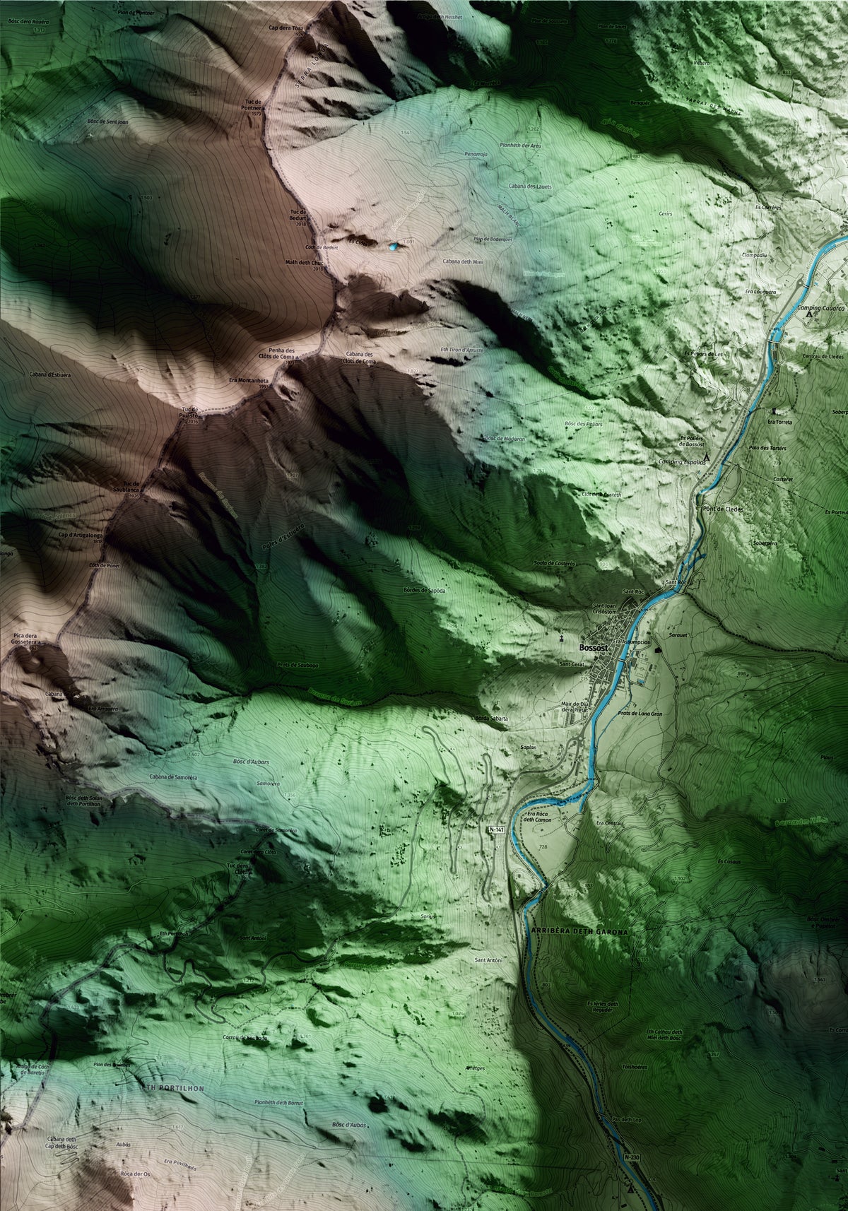 Mapa artístico del relieve de Arres, al Aran, con 15 km de entorno y base topográfica ICGC. Detalle de la zona superior izquierda.
