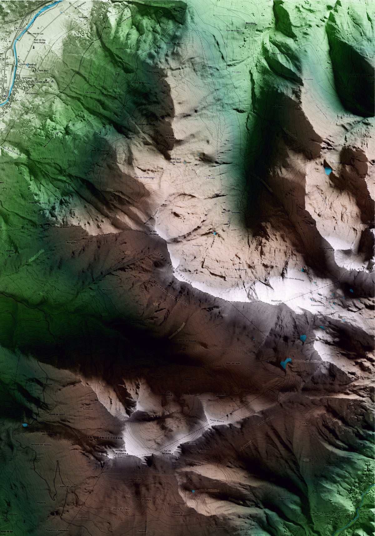 Mapa artístico del relieve de Arres, al Aran, con 15 km de entorno y base topográfica ICGC. Detalle de la zona superior derecha.