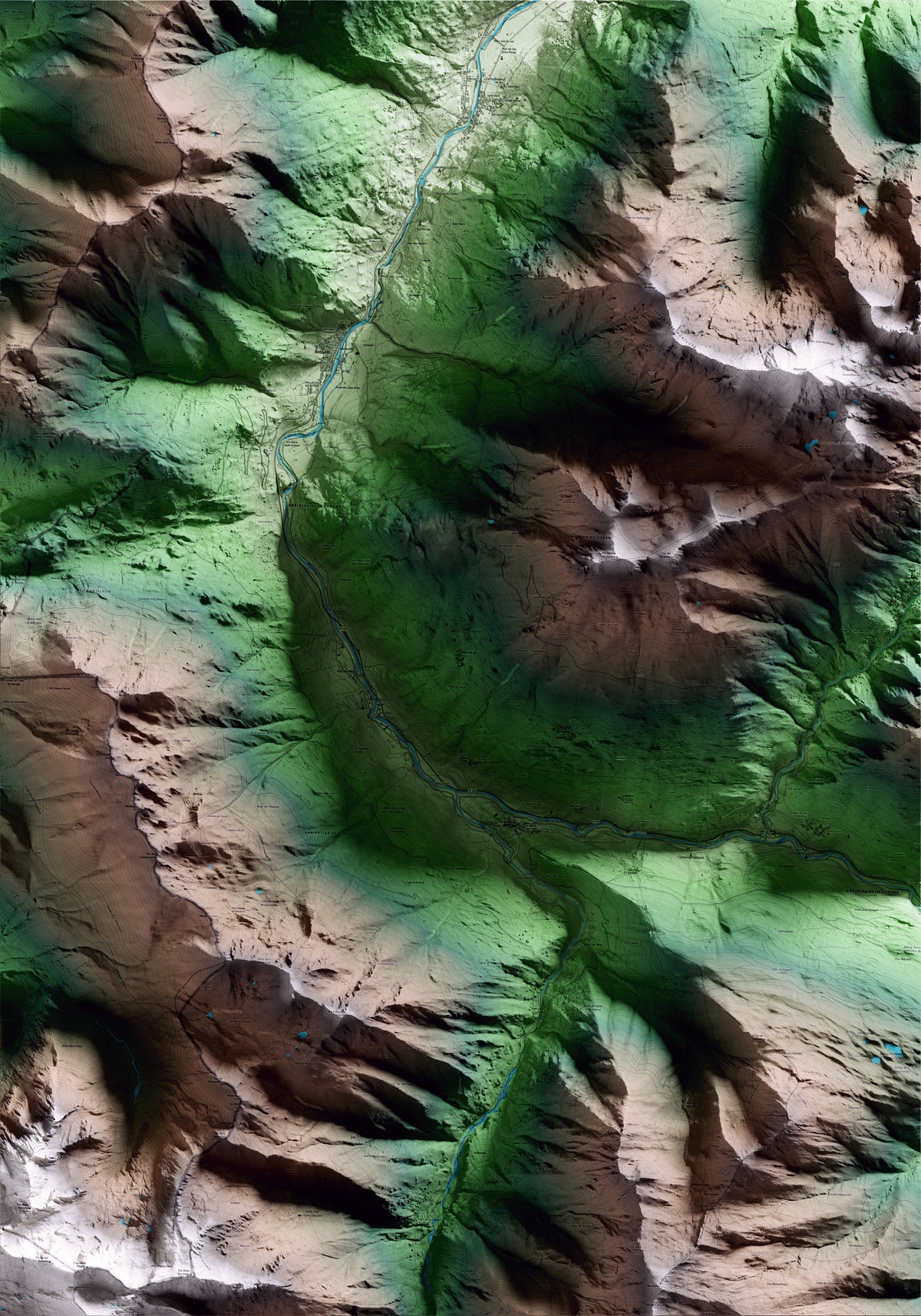 Mapa artístico del relieve de Arres, al Aran, con 15 km de entorno y base topográfica ICGC