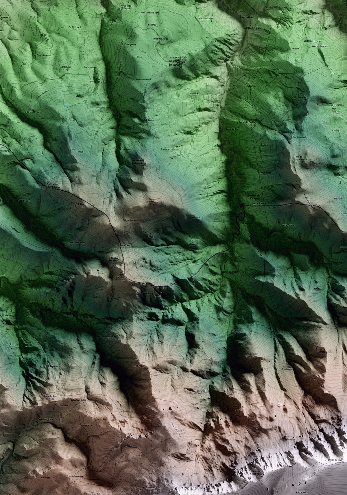 Mapa artístico del relieve de Arsèguel, al Alt Urgell, con 15 km de entorno y base topográfica ICGC. Detalle de la zona inferior izquierda.