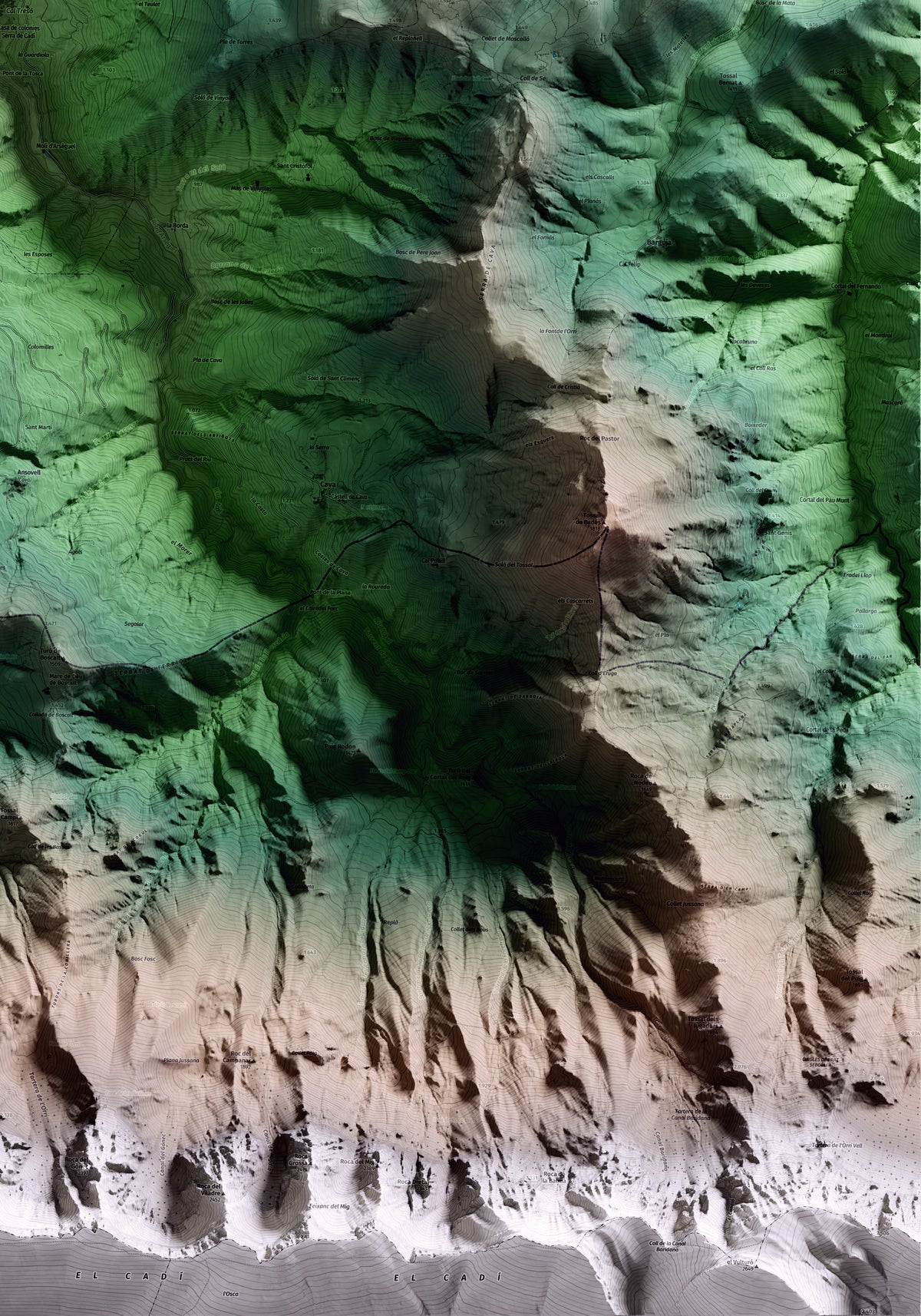 Mapa artístico del relieve de Arsèguel, al Alt Urgell, con 15 km de entorno y base topográfica ICGC. Detalle de la zona inferior derecha.