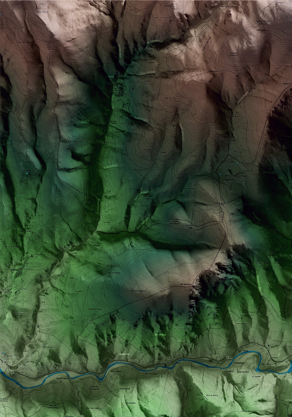 Mapa artístico del relieve de Arsèguel, al Alt Urgell, con 15 km de entorno y base topográfica ICGC. Detalle de la zona superior izquierda.