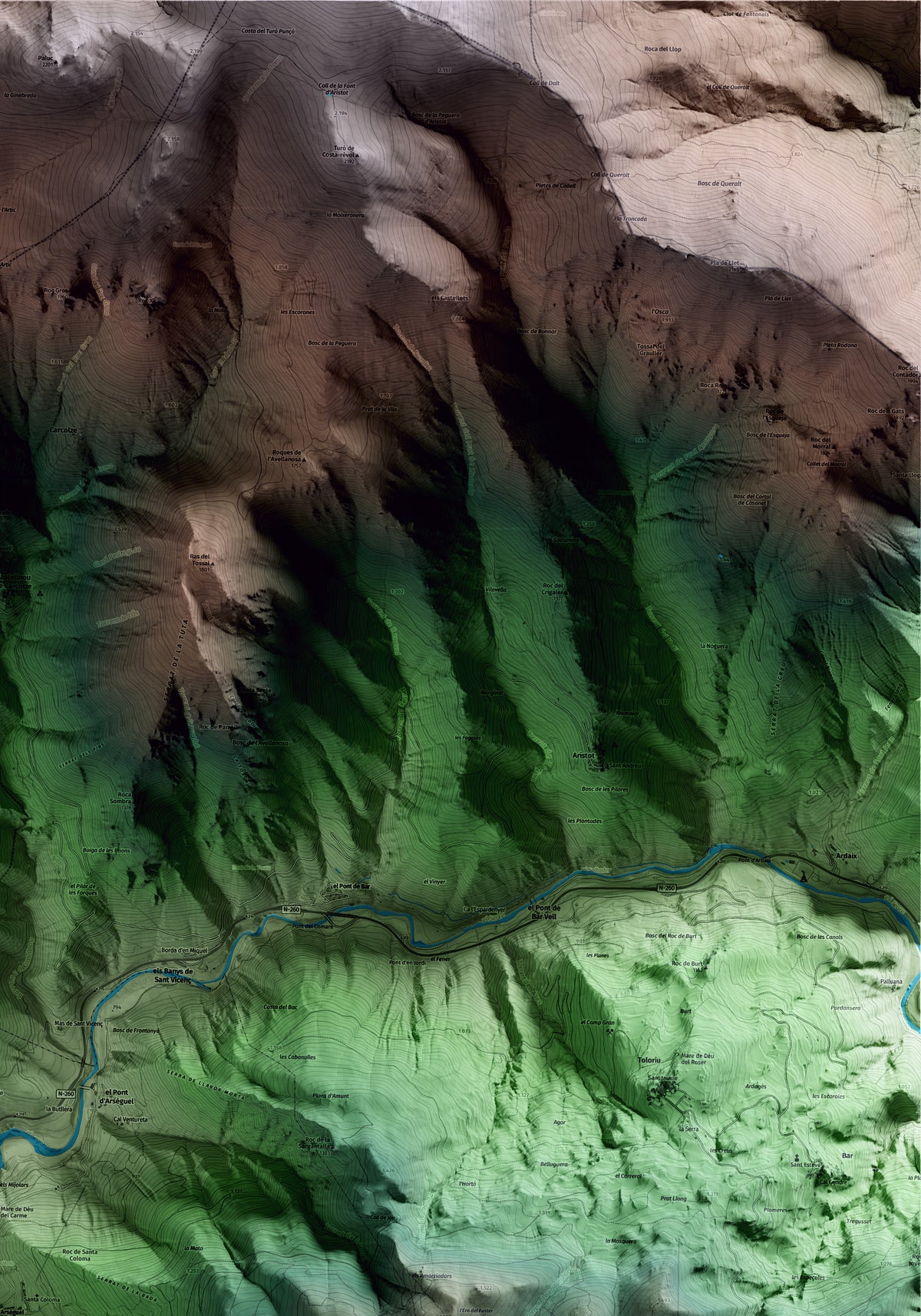 Mapa artístico del relieve de Arsèguel, al Alt Urgell, con 15 km de entorno y base topográfica ICGC. Detalle de la zona superior derecha.