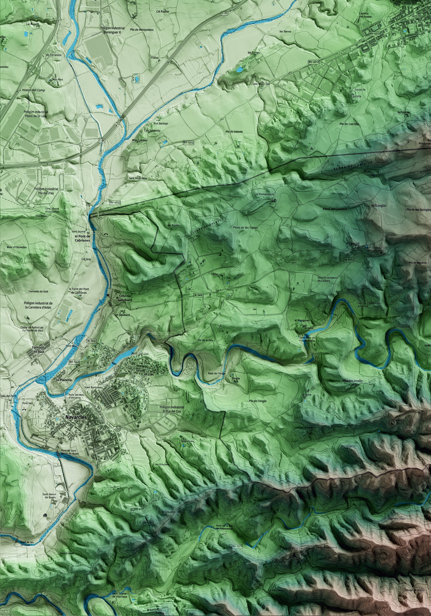 Mapa artístic del relleu d’Artés, al Bages, amb 15 km d’entorn i base topogràfica ICGC. Detall de la zona inferior esquerra.