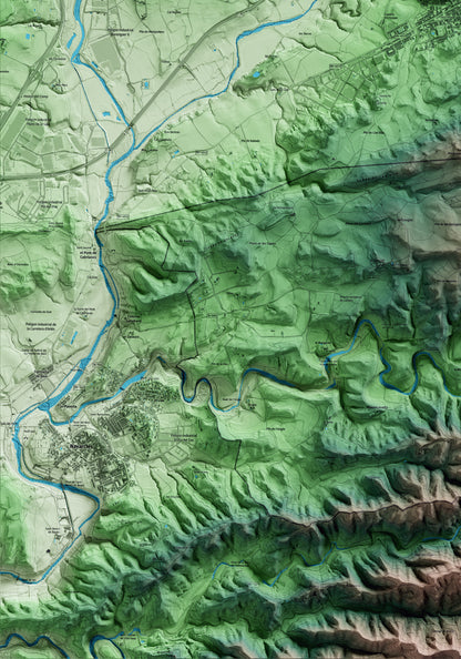 Mapa artístic del relleu d’Artés, al Bages, amb 15 km d’entorn i base topogràfica ICGC. Detall de la zona inferior esquerra.