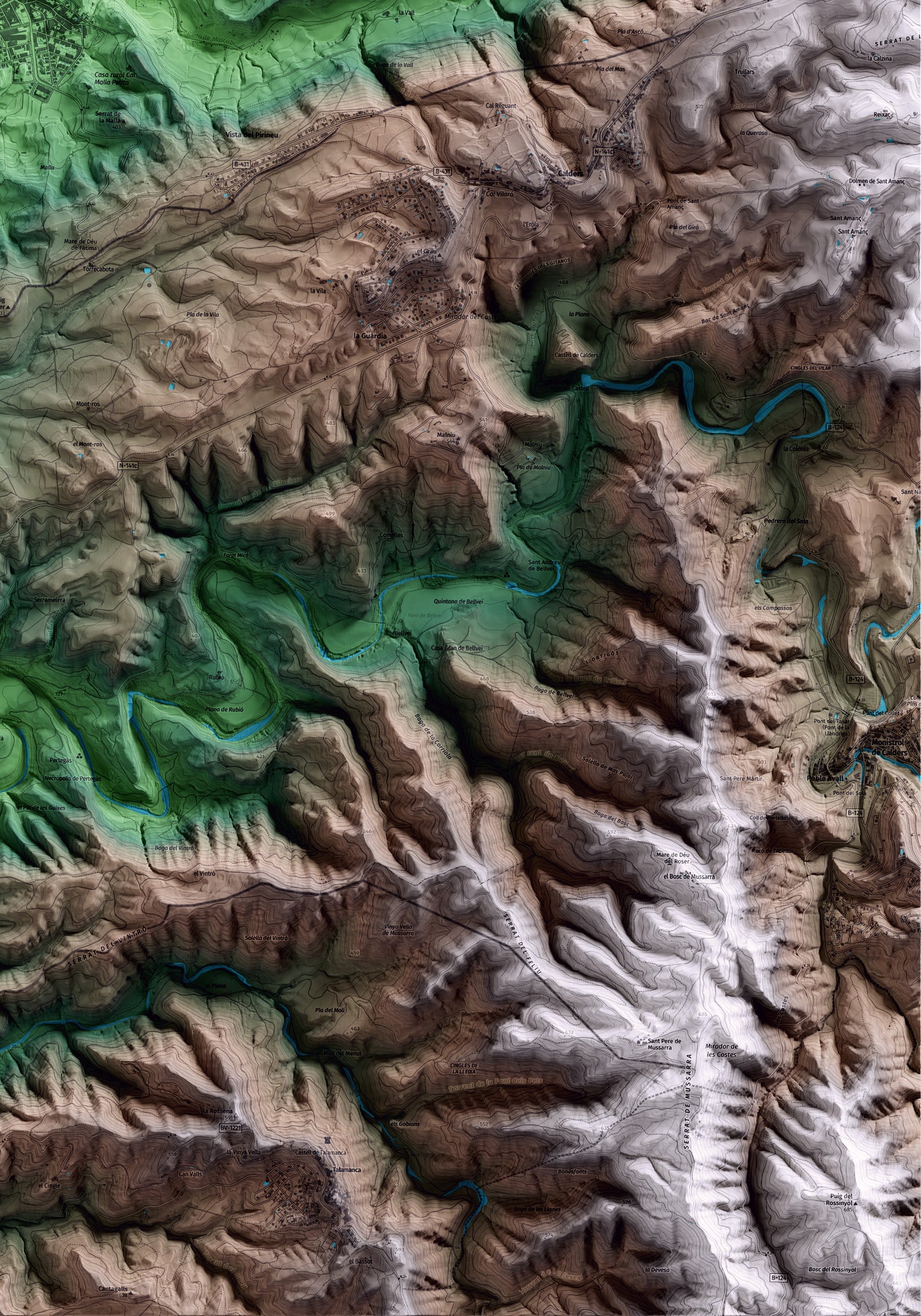 Mapa artístic del relleu d’Artés, al Bages, amb 15 km d’entorn i base topogràfica ICGC. Detall de la zona inferior dreta.